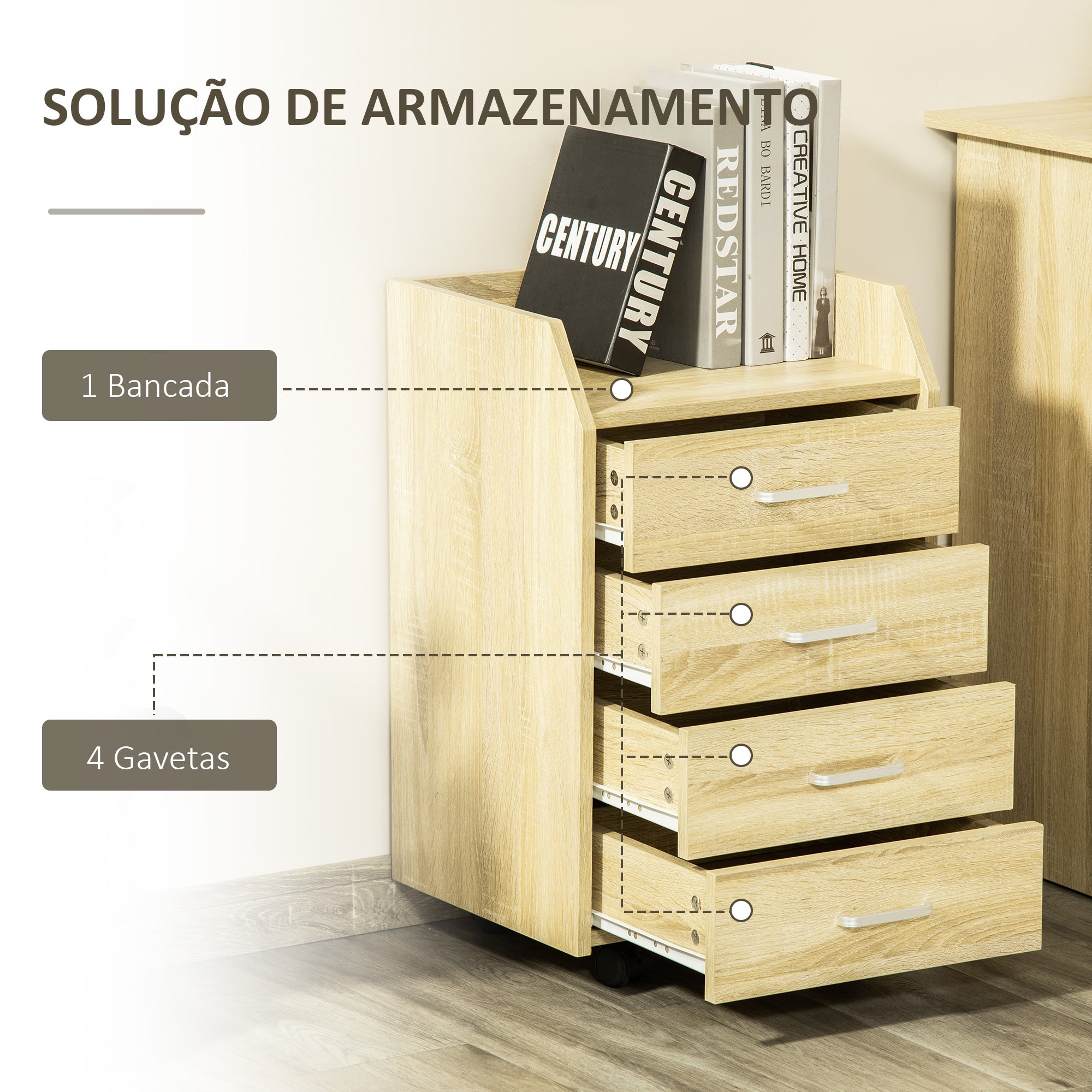 Bloco de Gavetas Móvel Auxiliar 4 Gavetas Cor de Carvalho 40x36x65cm
