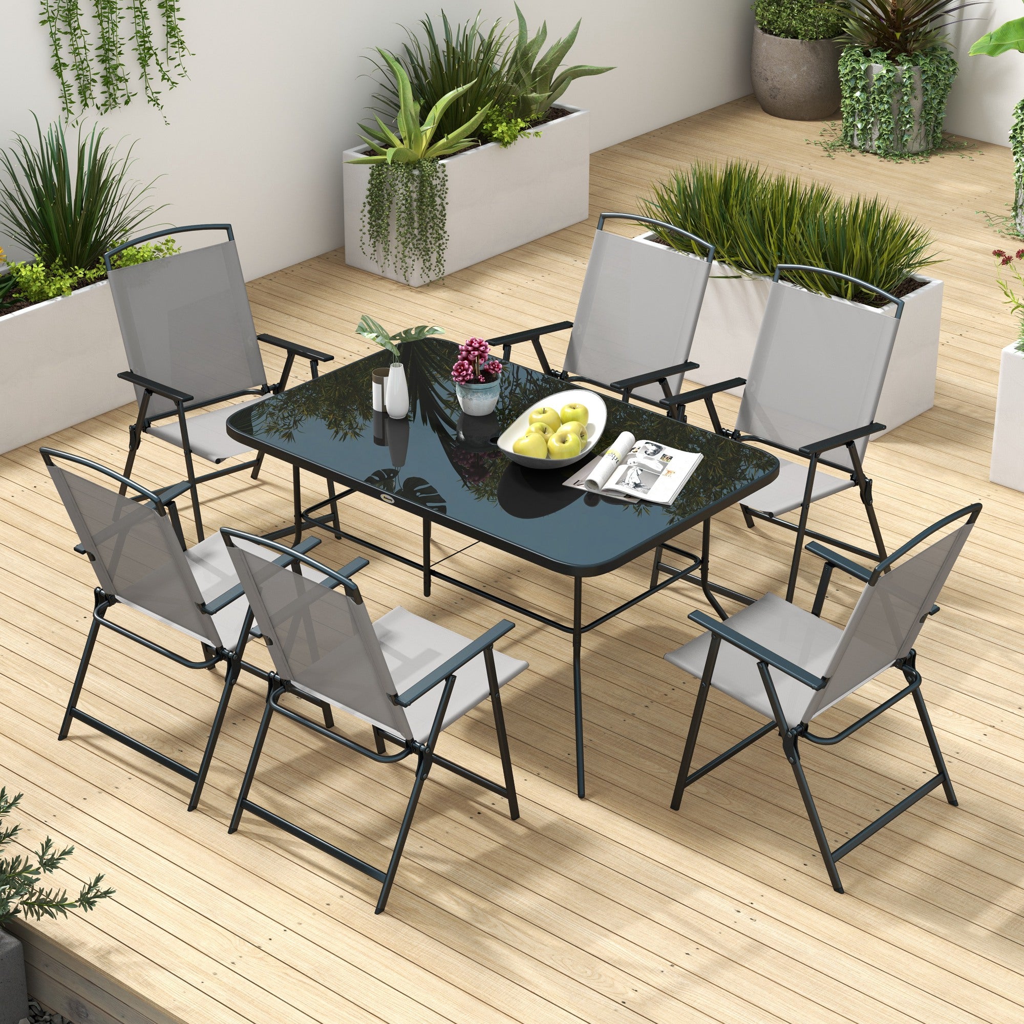 Conjunto de Refeição de 7 Peças Cinza 140x90x70 cm para Jardim - Mesa e 6 Cadeiras Dobráveis
