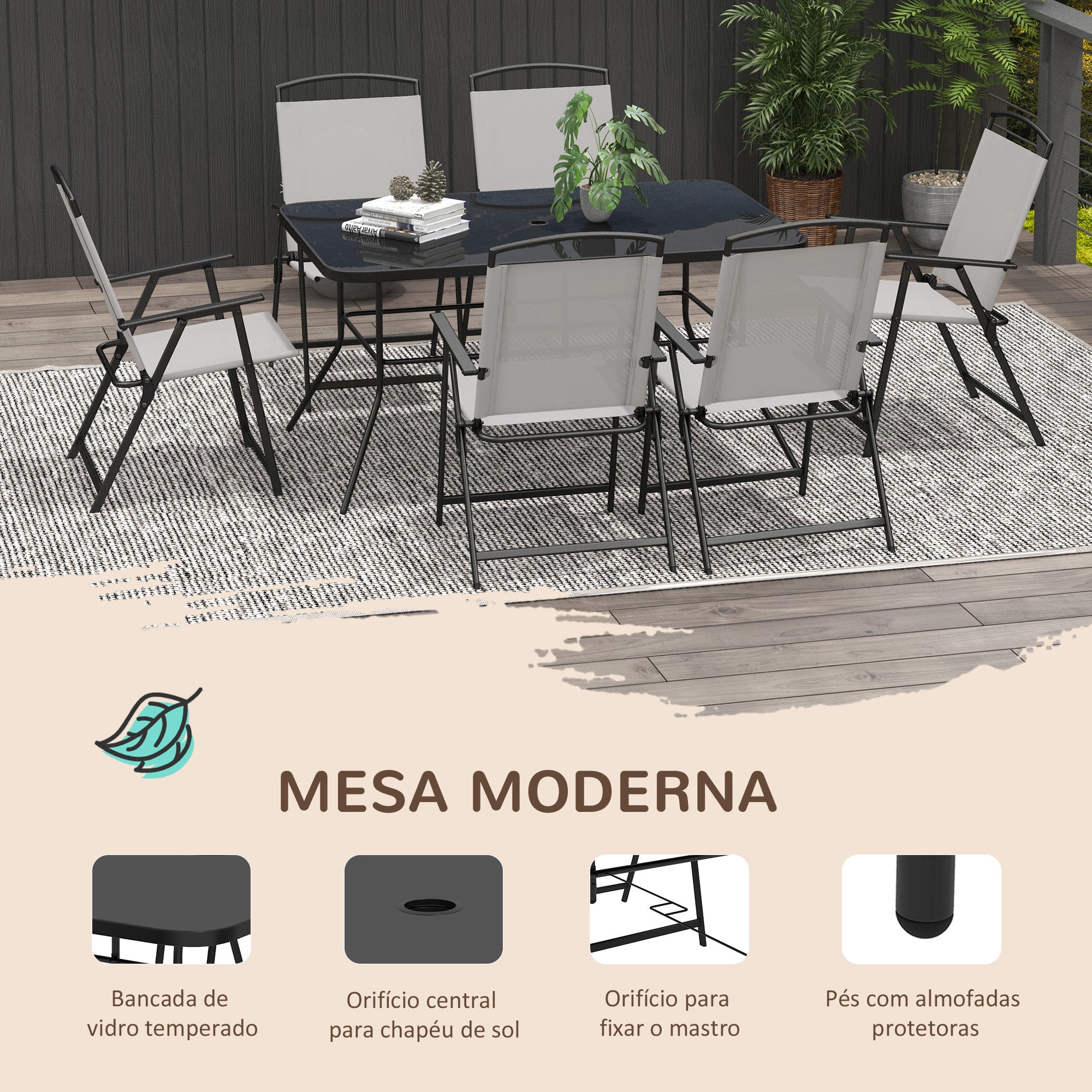 Conjunto de Refeição de 7 Peças Cinza 140x90x70 cm para Jardim - Mesa e 6 Cadeiras Dobráveis