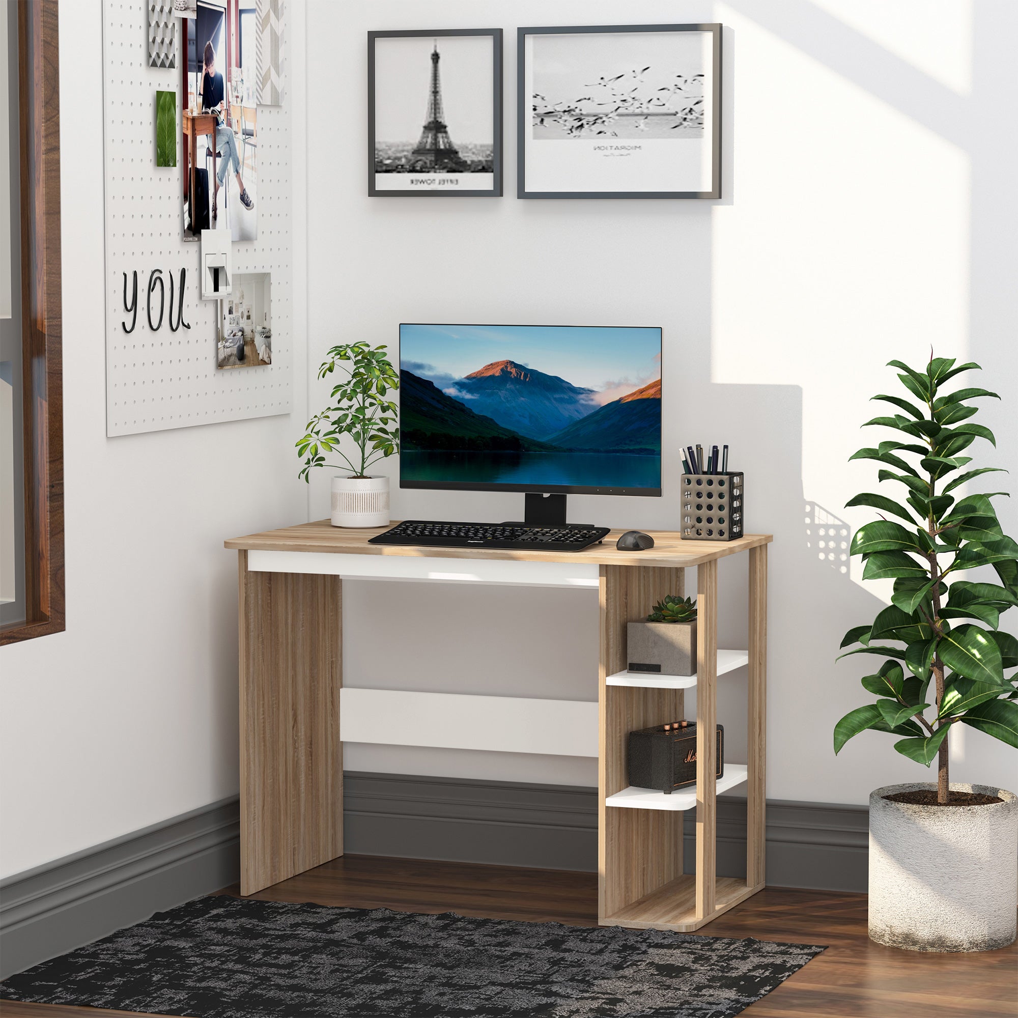 Secretária 2 em 1 com Prateleira 3 Níveis 100x55x74 cm - Cor de Carvalho e Branco