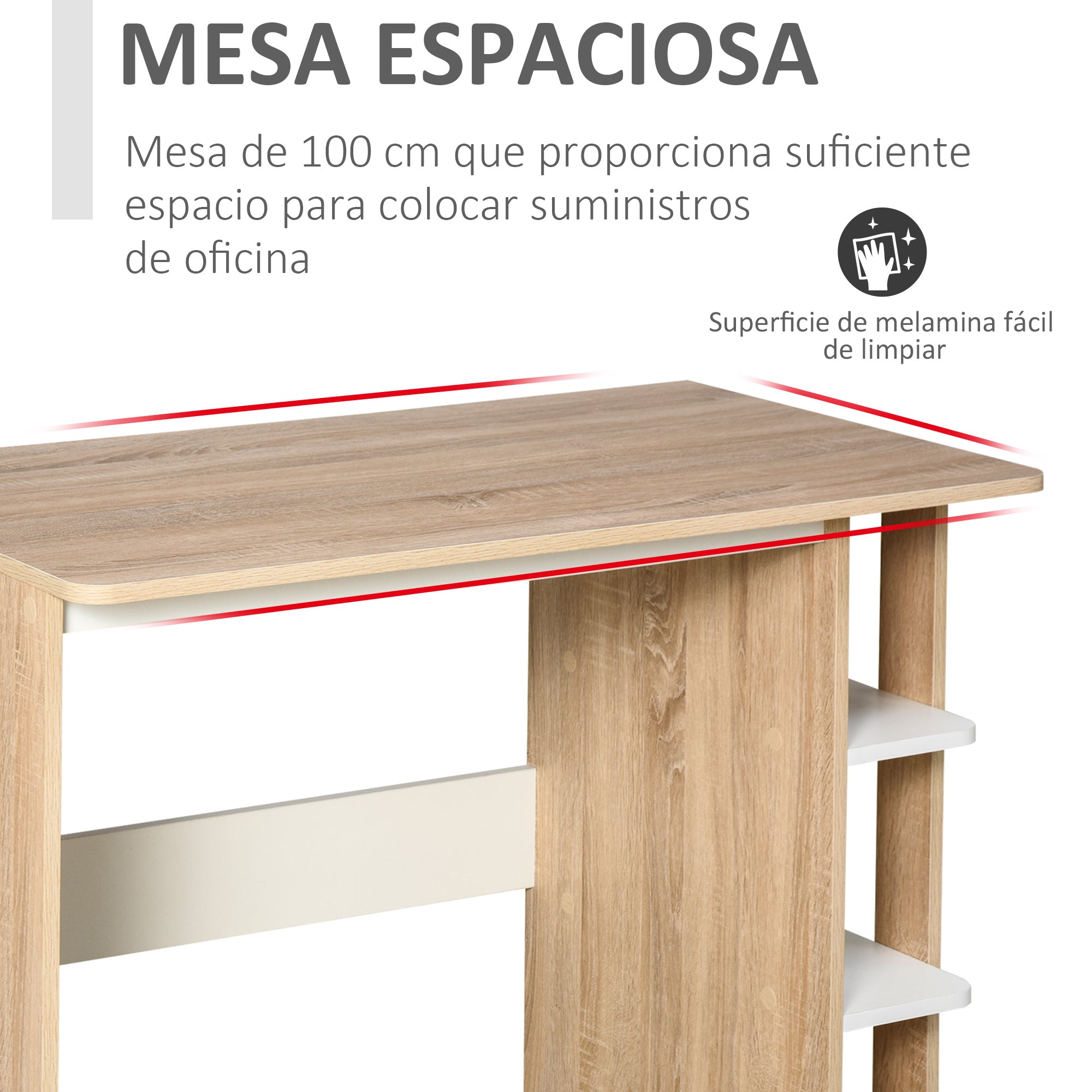 Secretária 2 em 1 com Prateleira 3 Níveis 100x55x74 cm - Cor de Carvalho e Branco