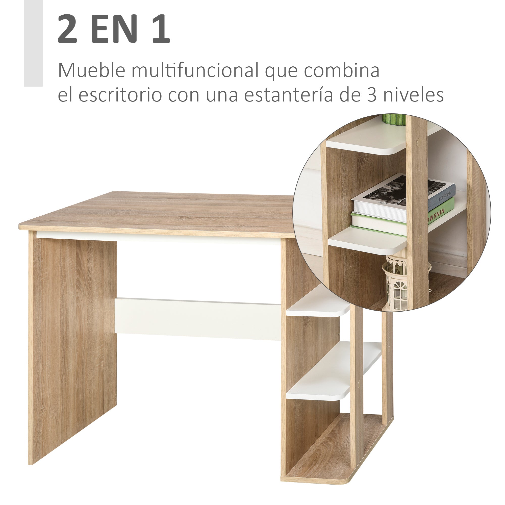 Secretária 2 em 1 com Prateleira 3 Níveis 100x55x74 cm - Cor de Carvalho e Branco