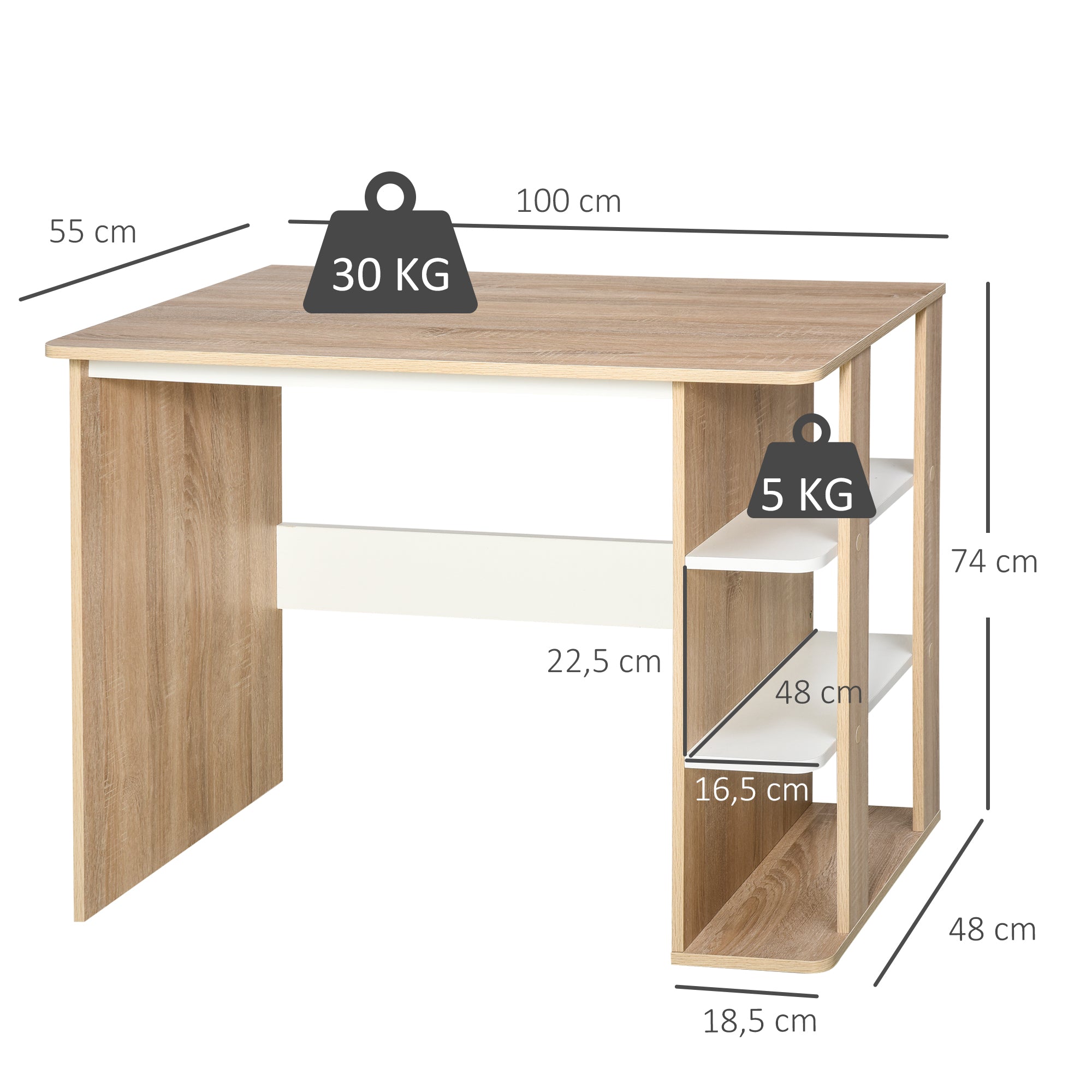 Secretária 2 em 1 com Prateleira 3 Níveis 100x55x74 cm - Cor de Carvalho e Branco