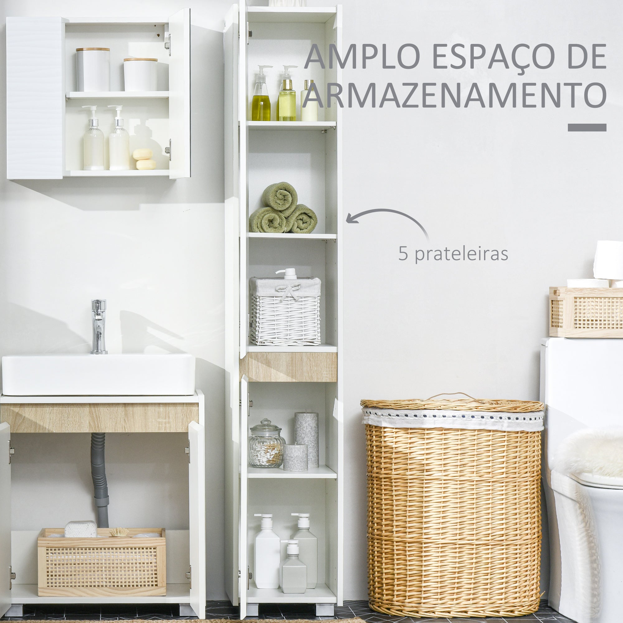 Coluna Casa de Banho Armário Auxiliar 5 Níveis 30x33x165cm Branco
