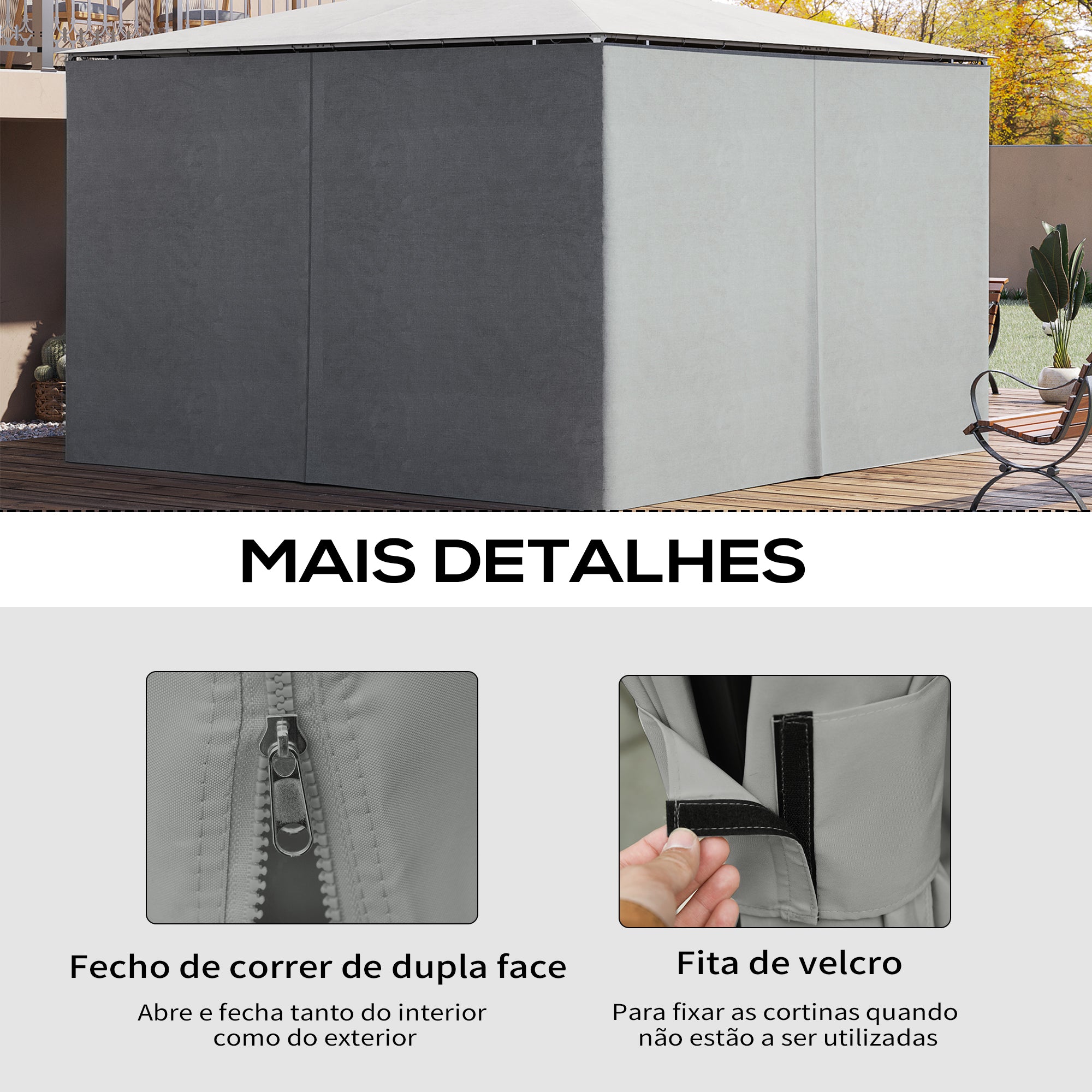 Cortinas Laterais para Tenda – 352x205 cm – Cinza Claro – Tecido de Poliéster
