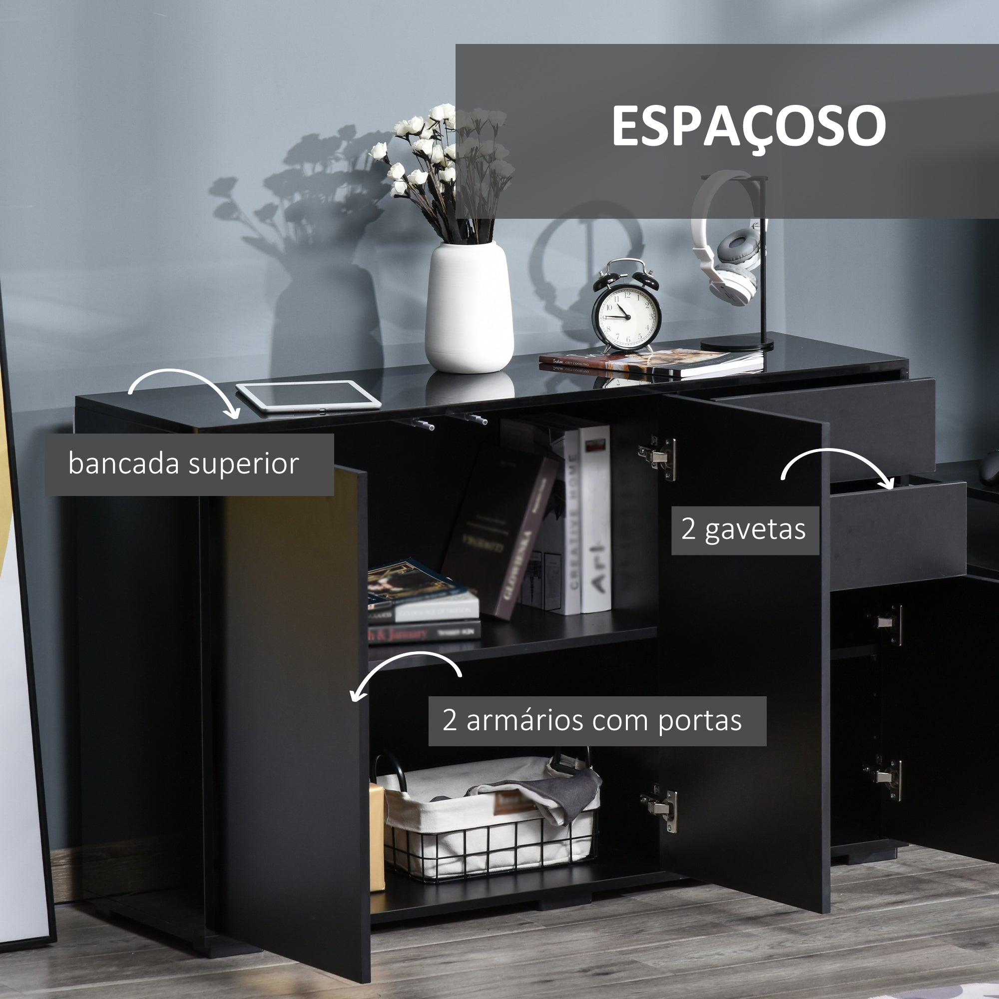 Aparador de Sala de Estar 117x36x74cm Preto