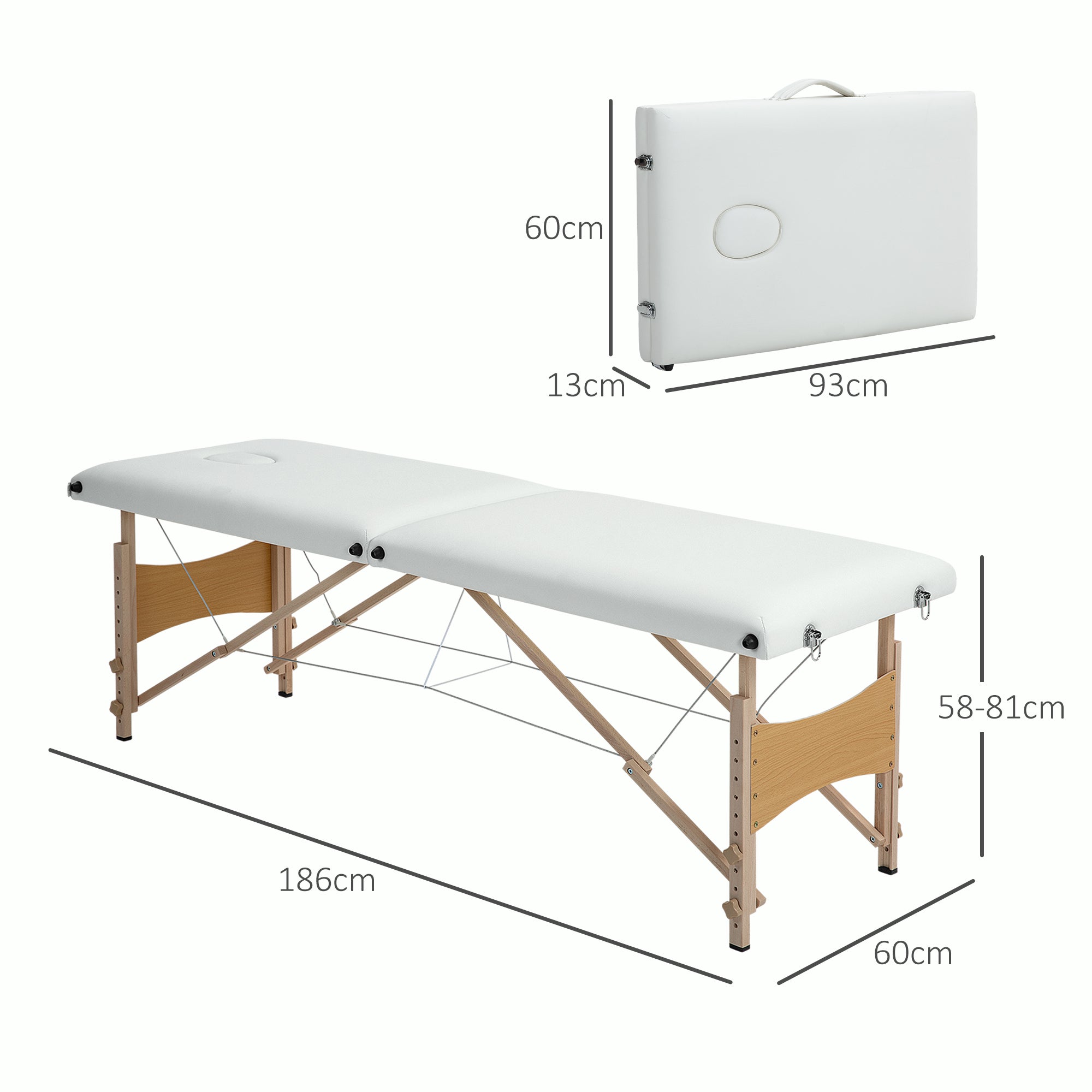 Marquesa de Massagem Dobrável – 186x60x58-81 cm – Cor Creme – Madeira de faia