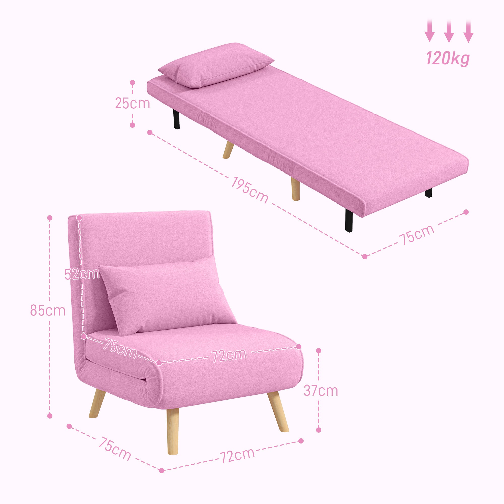 Sofá Cama Estofado em Linho Rosa 72x75x85 cm