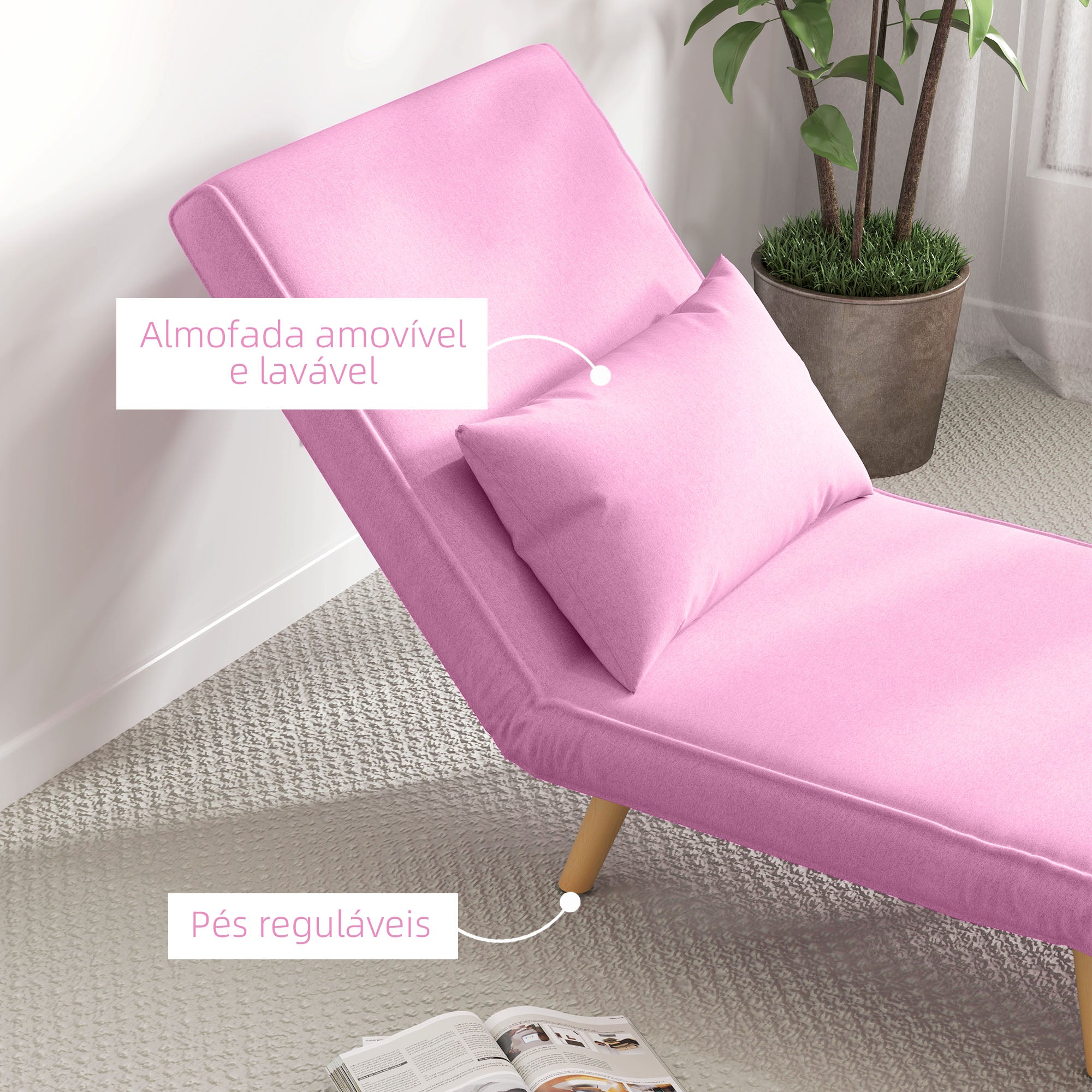 Sofá Cama Estofado em Linho Rosa 72x75x85 cm