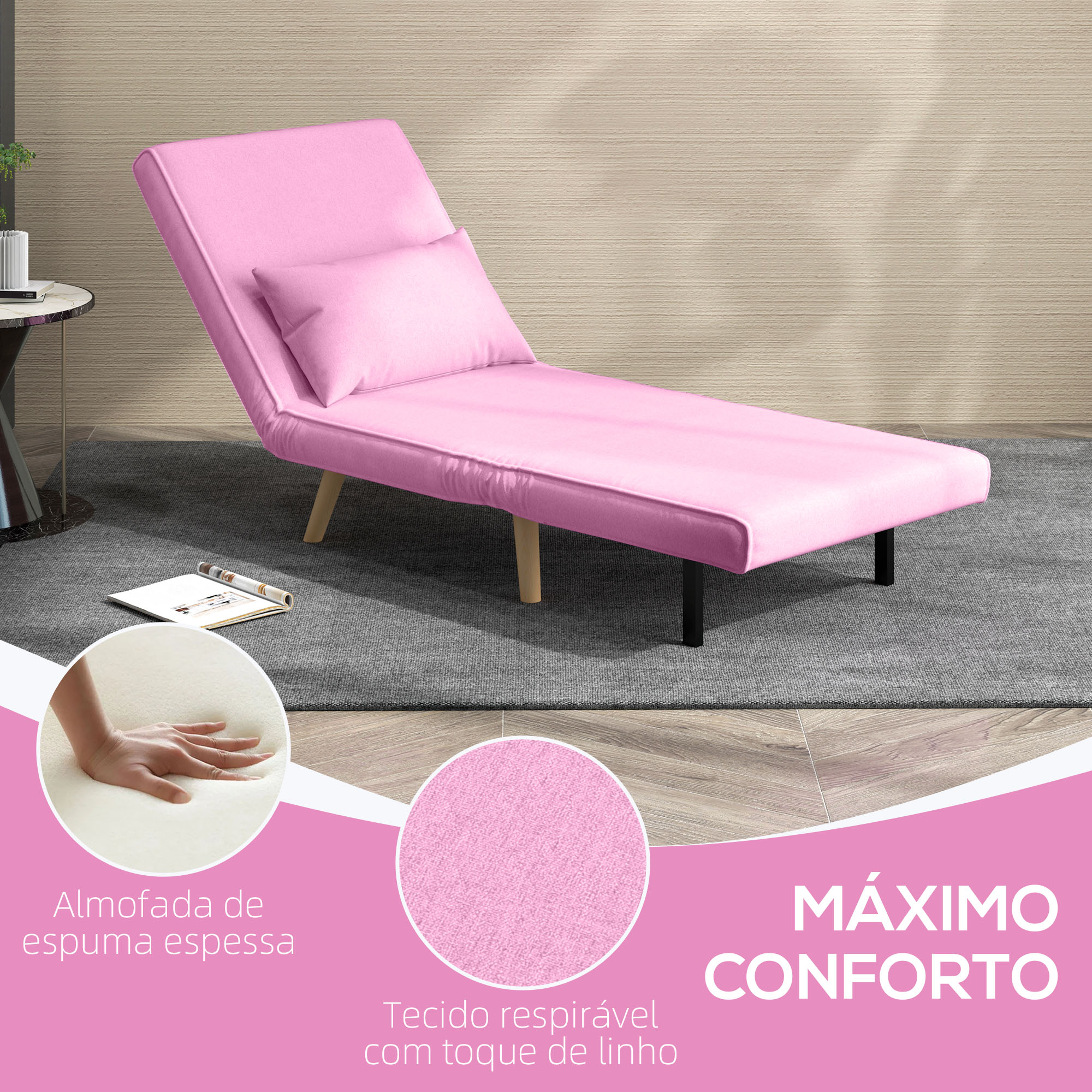 Sofá Cama Estofado em Linho Rosa 72x75x85 cm