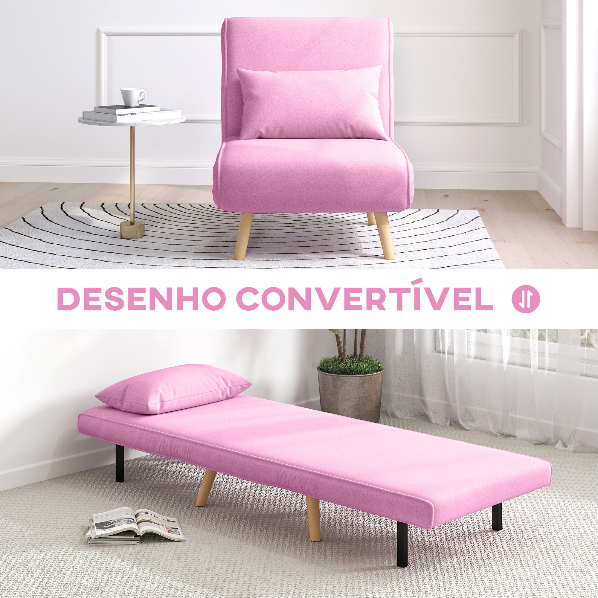 Sofá Cama Estofado em Linho Rosa 72x75x85 cm