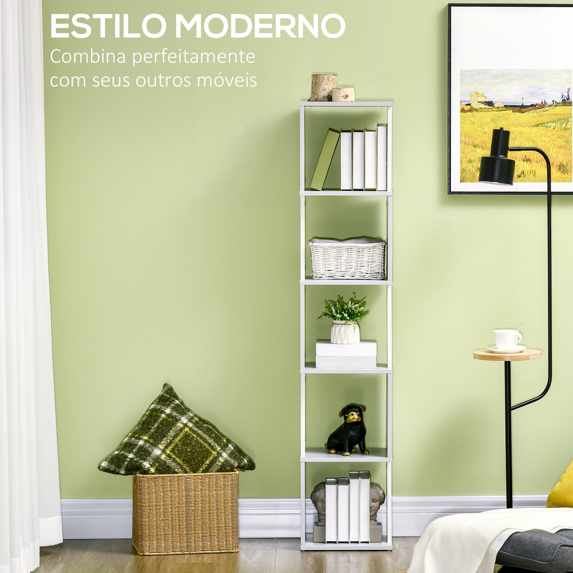 Estante em forma de S com 5 prateleiras – 33x28x161cm – Branco e cinza claro – Melamina