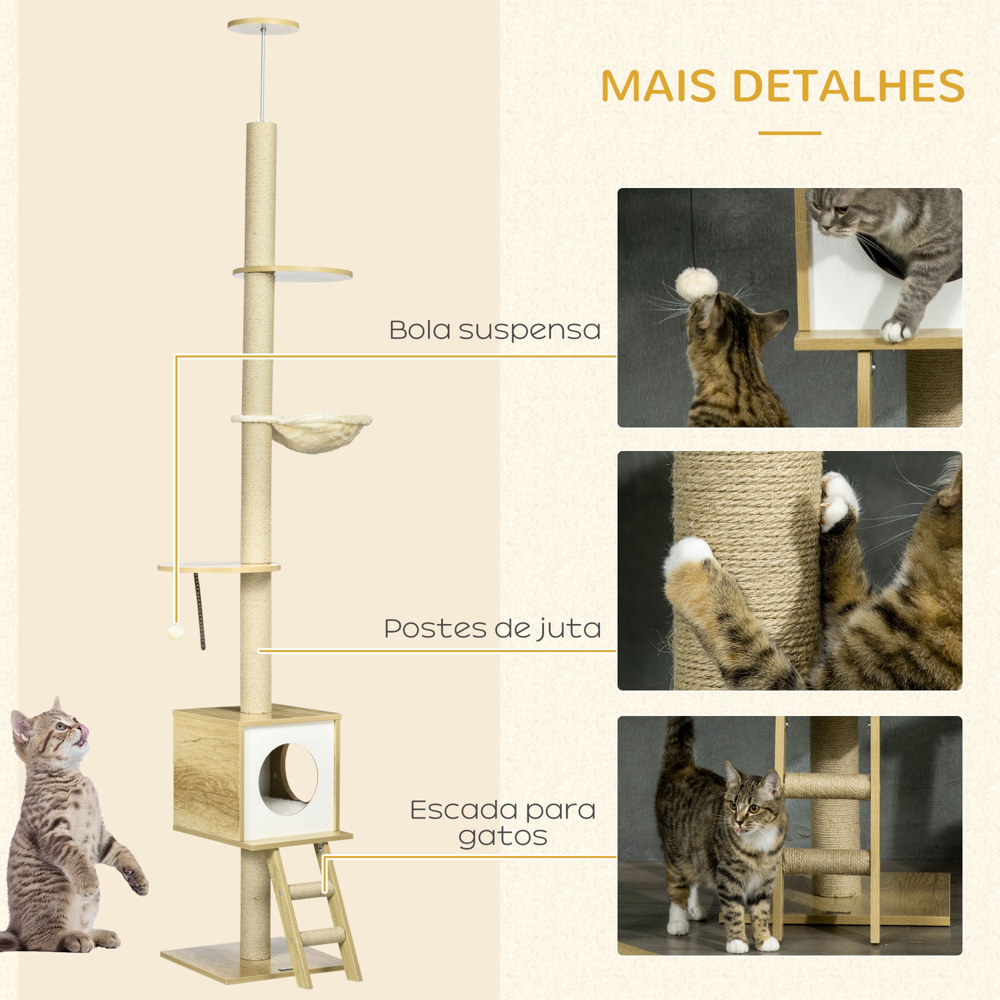 Árvore para Gatos 40x40225-285cm Marrom Claro, Bege e Branco