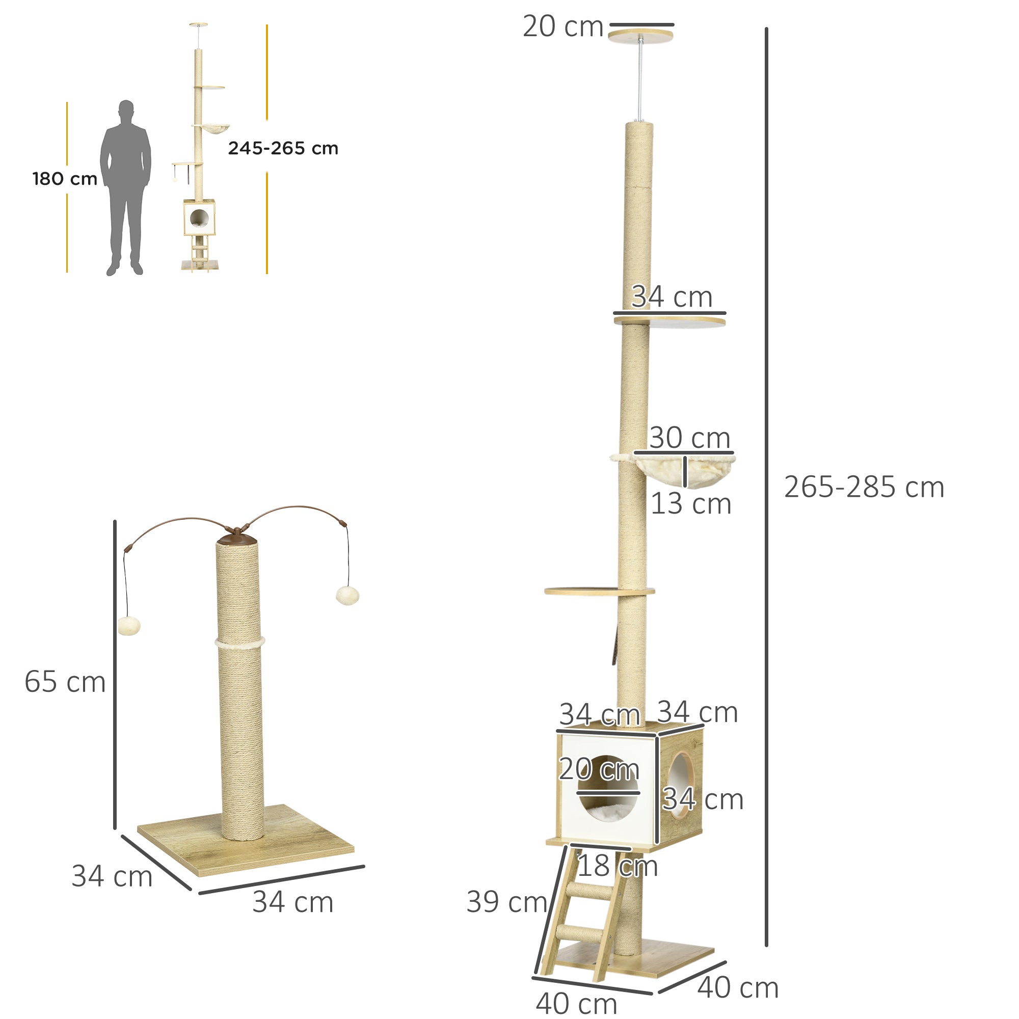 Árvore para Gatos 40x40225-285cm Marrom Claro, Bege e Branco