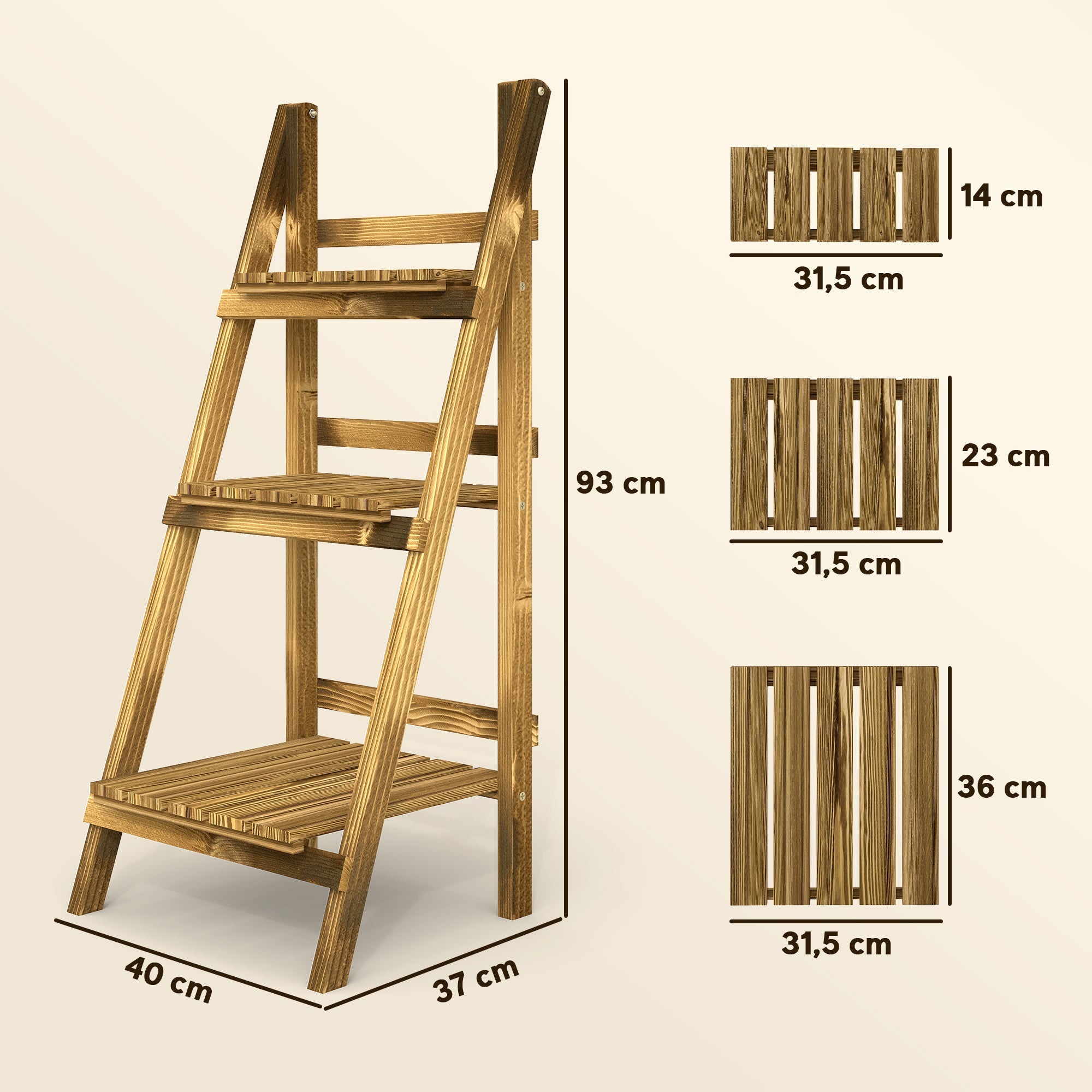 Suporte para Plantas de 3 Níveis – 40x37x93 cm – Madeira Carbonizada