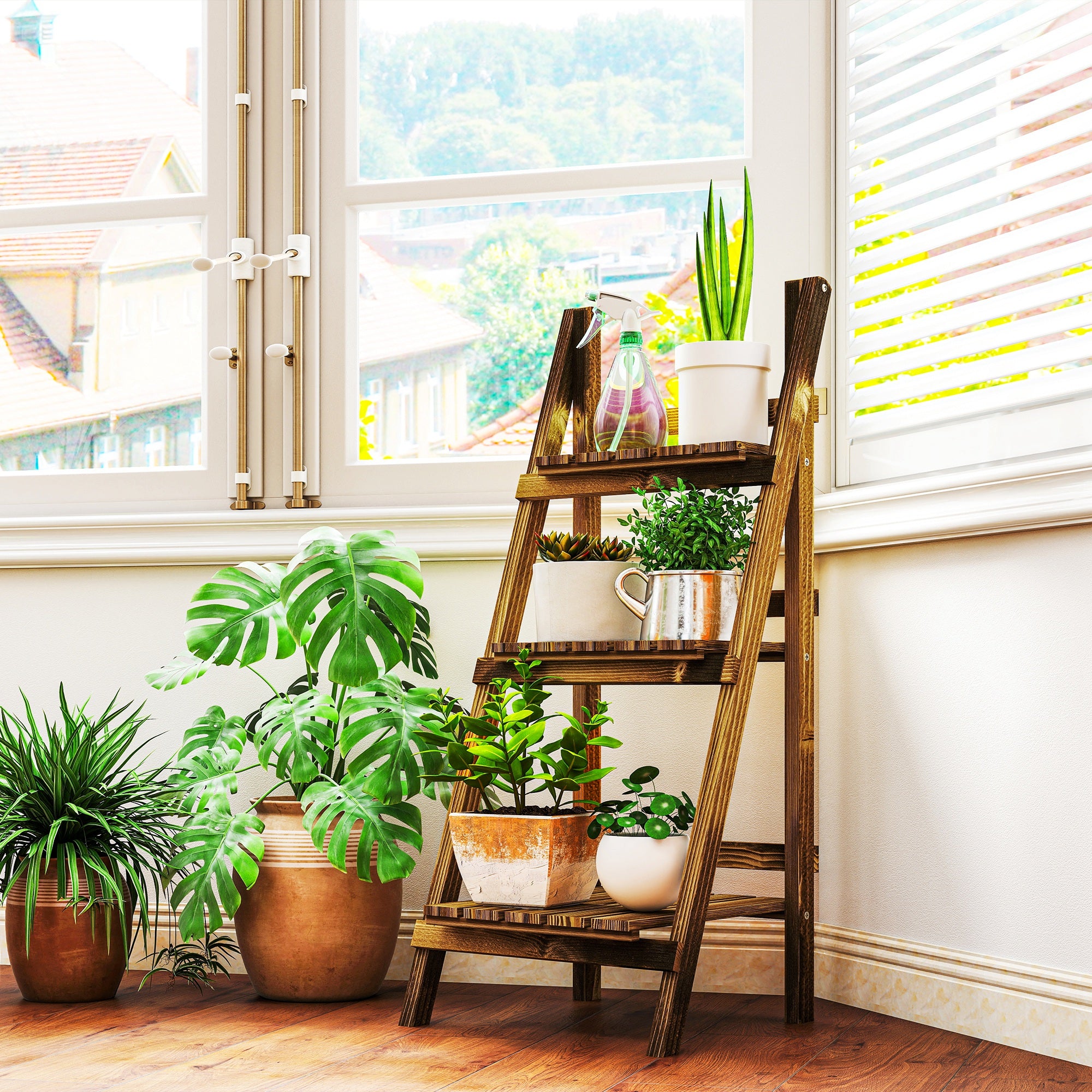 Suporte para Plantas de 3 Níveis – 40x37x93 cm – Madeira Carbonizada