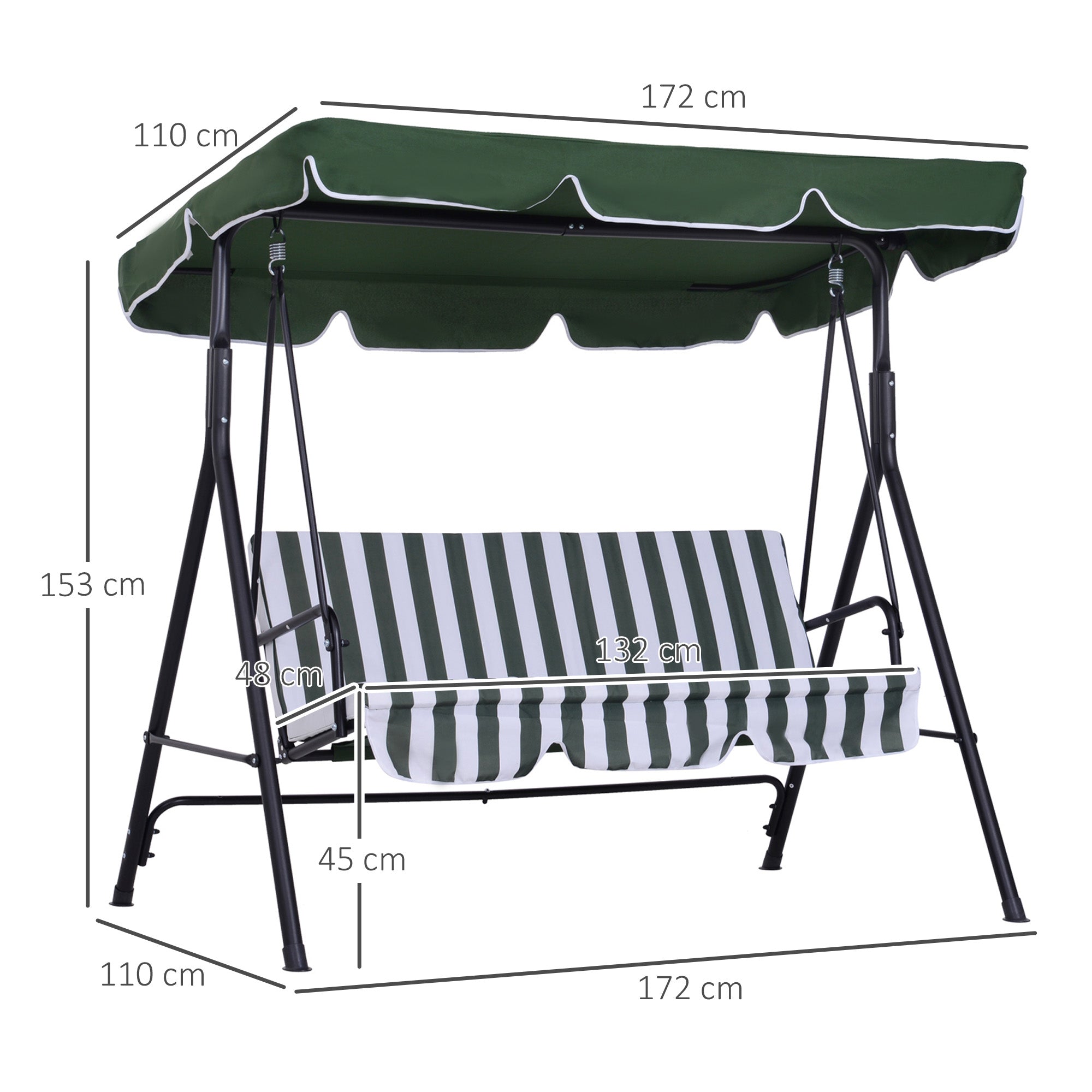 Baloiço de Jardim Verde 172x110x153 cm com Almofada e Toldo Ajustável