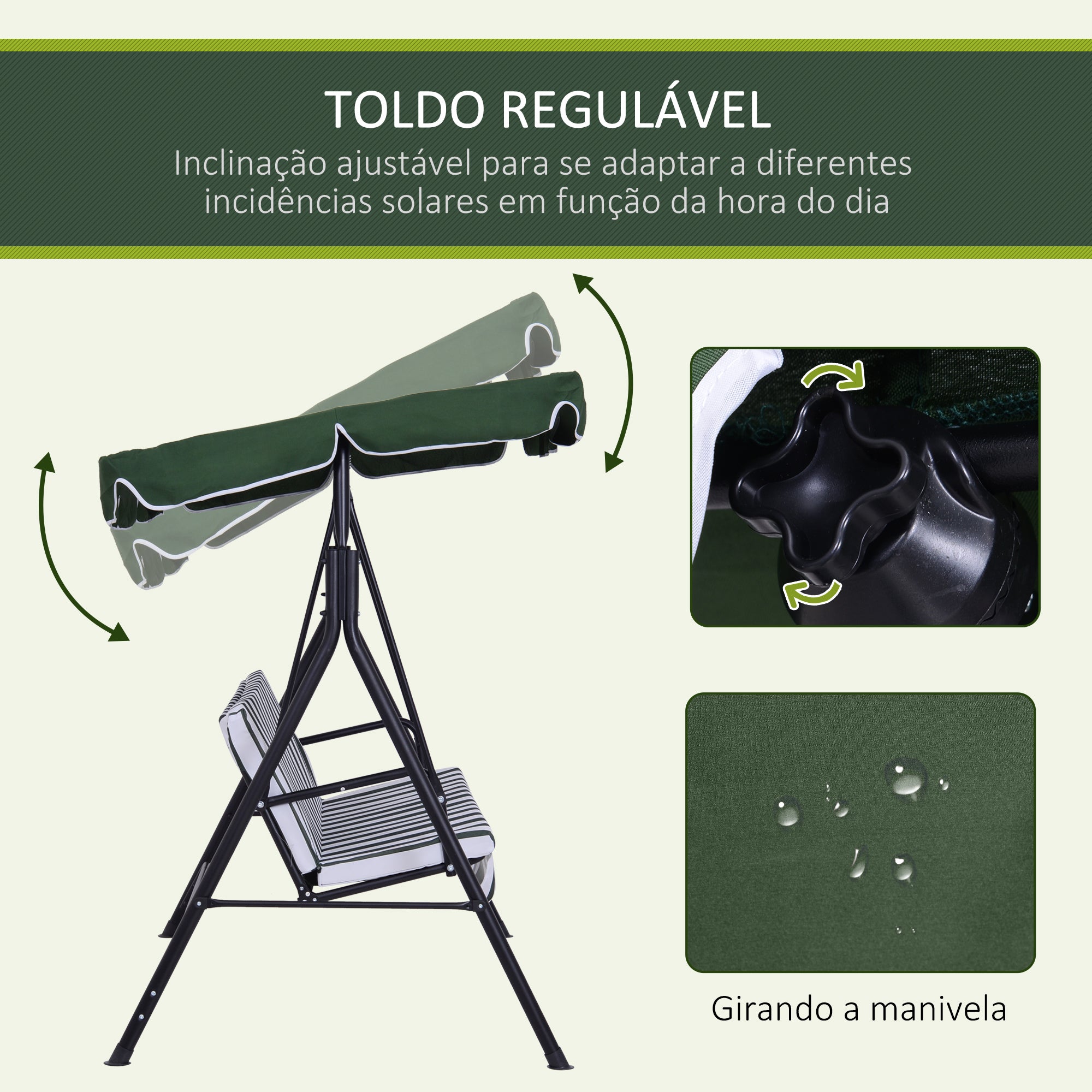 Baloiço de Jardim Verde 172x110x153 cm com Almofada e Toldo Ajustável