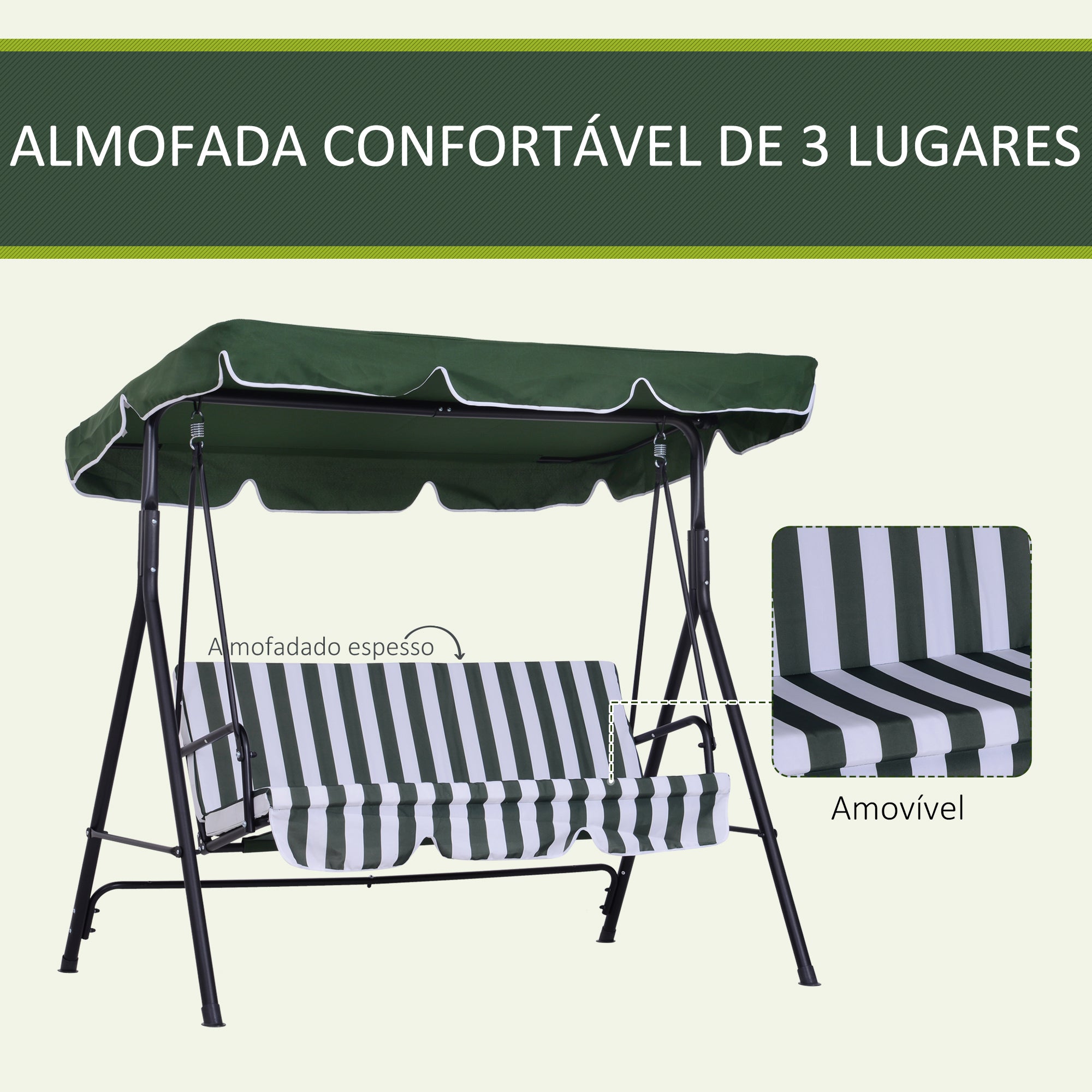 Baloiço de Jardim Verde 172x110x153 cm com Almofada e Toldo Ajustável
