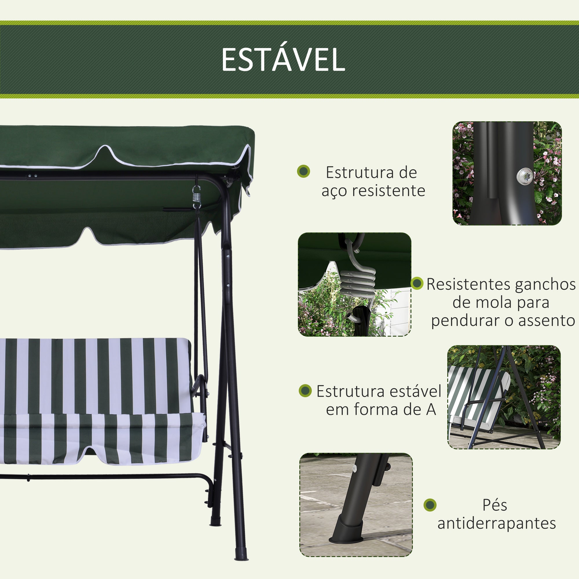 Baloiço de Jardim Verde 172x110x153 cm com Almofada e Toldo Ajustável