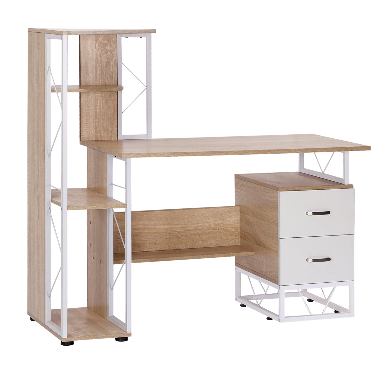 Secretária para Escritório com Prateleiras 133x55x123 cm - Madeira e Branco