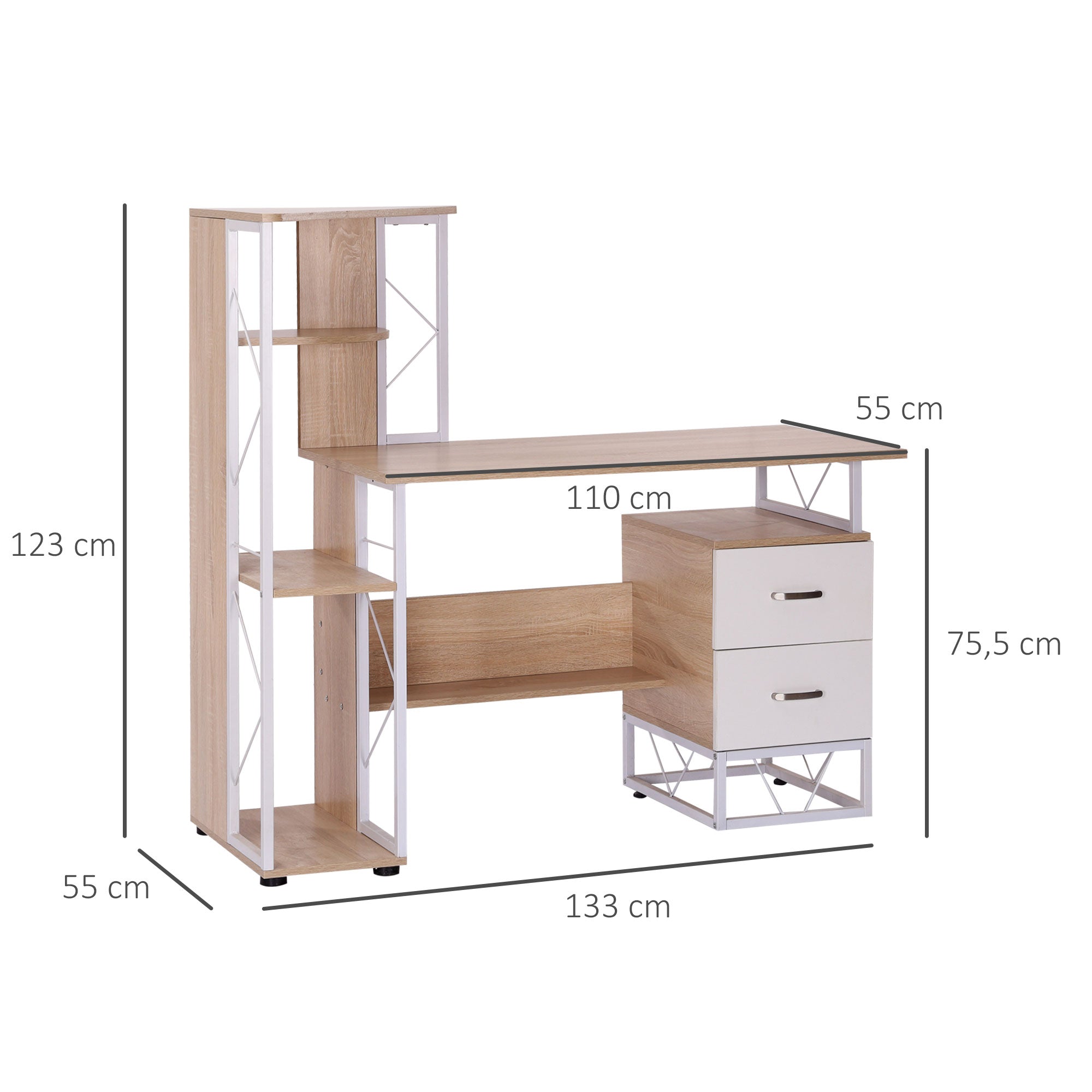 Secretária para Escritório com Prateleiras 133x55x123 cm - Madeira e Branco