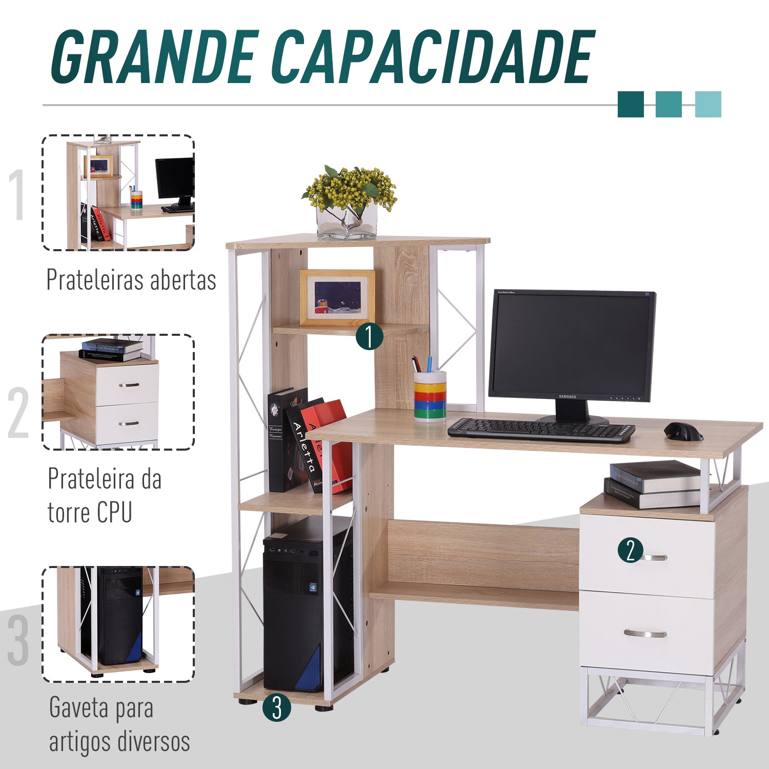 Secretária para Escritório com Prateleiras 133x55x123 cm - Madeira e Branco