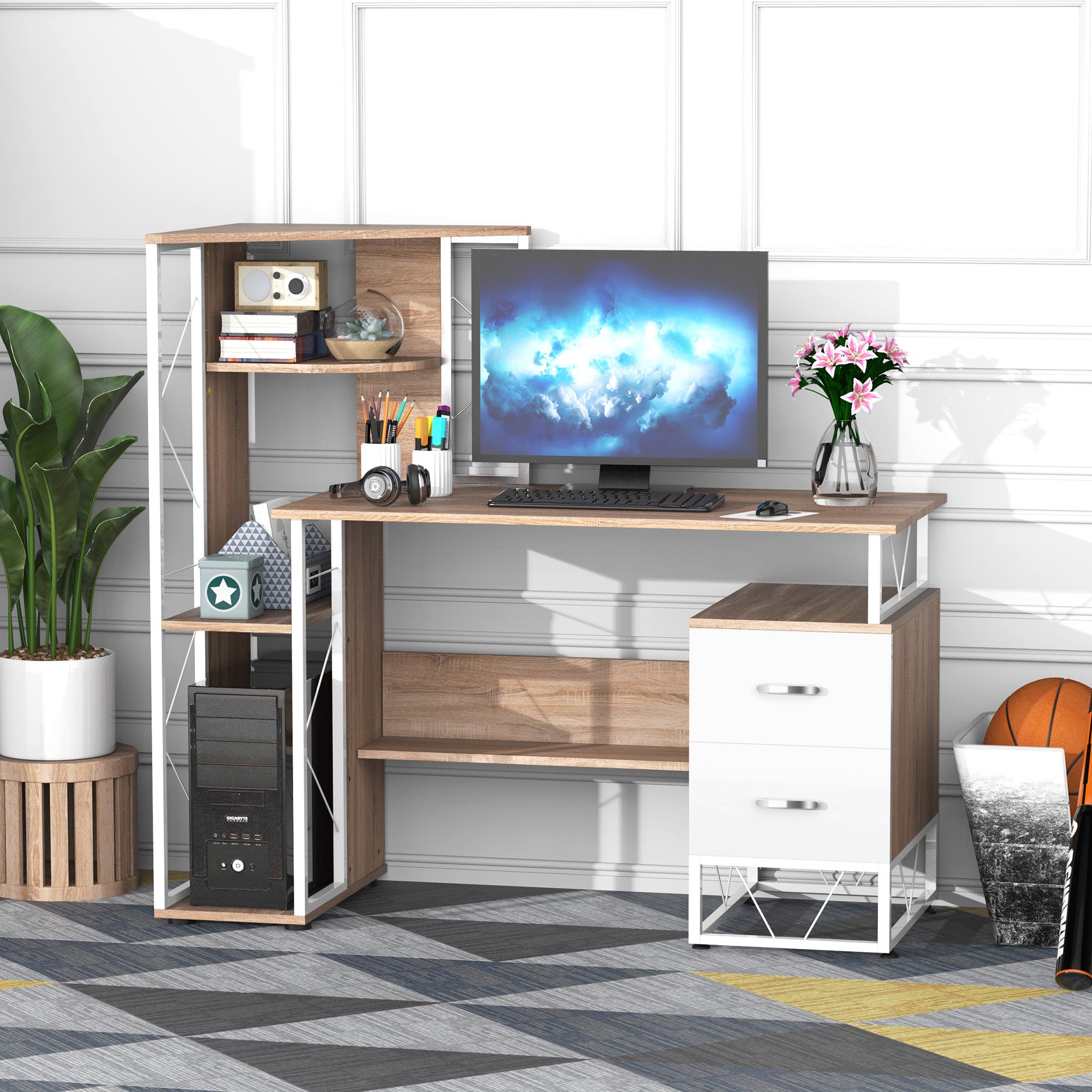 Secretária para Escritório com Prateleiras 133x55x123 cm - Madeira e Branco