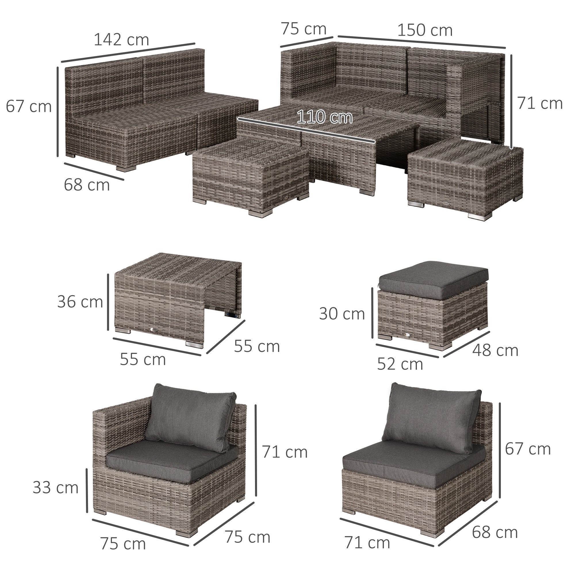 Conjunto de Sofá de Jardim 8 Peças – 75x75x71 cm – Marrom e Cinza – Aço Galvanizado e Vime Sintético