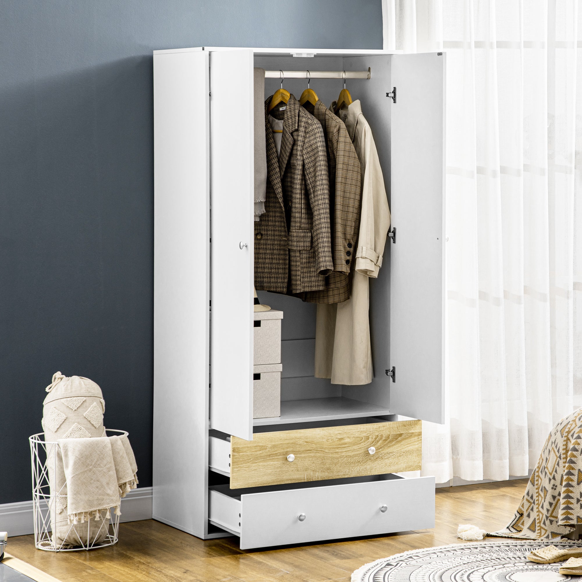 Roupeiro de Madeira com 2 Portas 2 Gavetas 80x50x180 cm - Branco e Carvalho