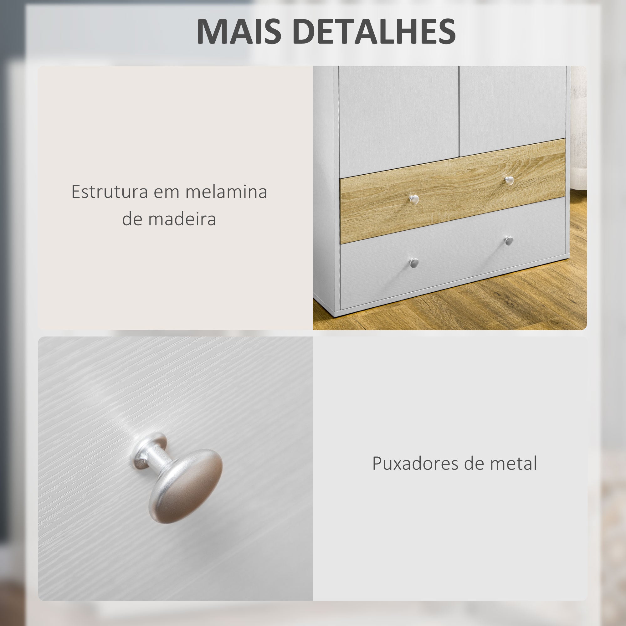 Roupeiro de Madeira com 2 Portas 2 Gavetas 80x50x180 cm - Branco e Carvalho