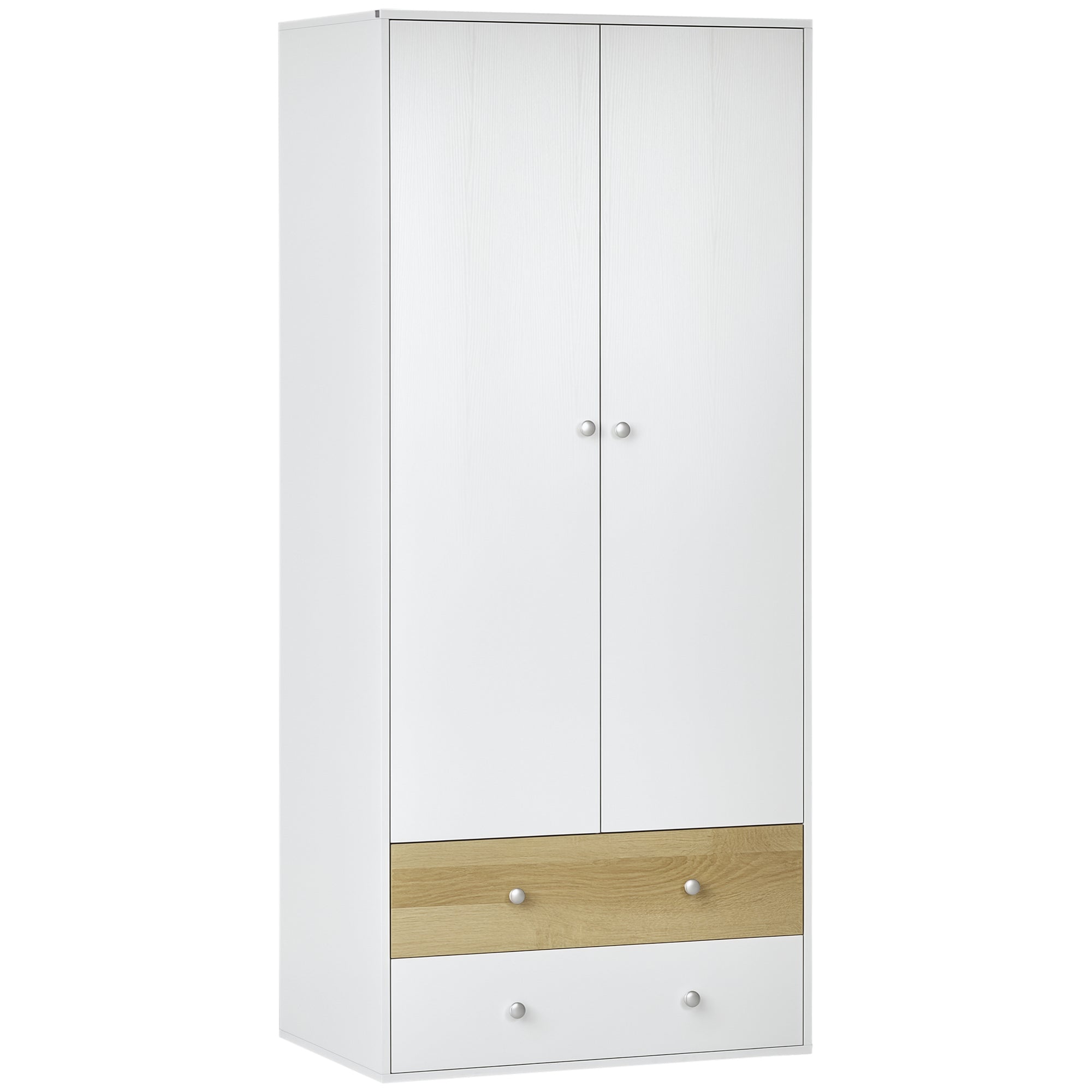 Roupeiro de Madeira com 2 Portas 2 Gavetas 80x50x180 cm - Branco e Carvalho