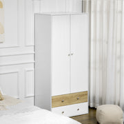 Roupeiro de Madeira com 2 Portas 2 Gavetas 80x50x180 cm - Branco e Carvalho