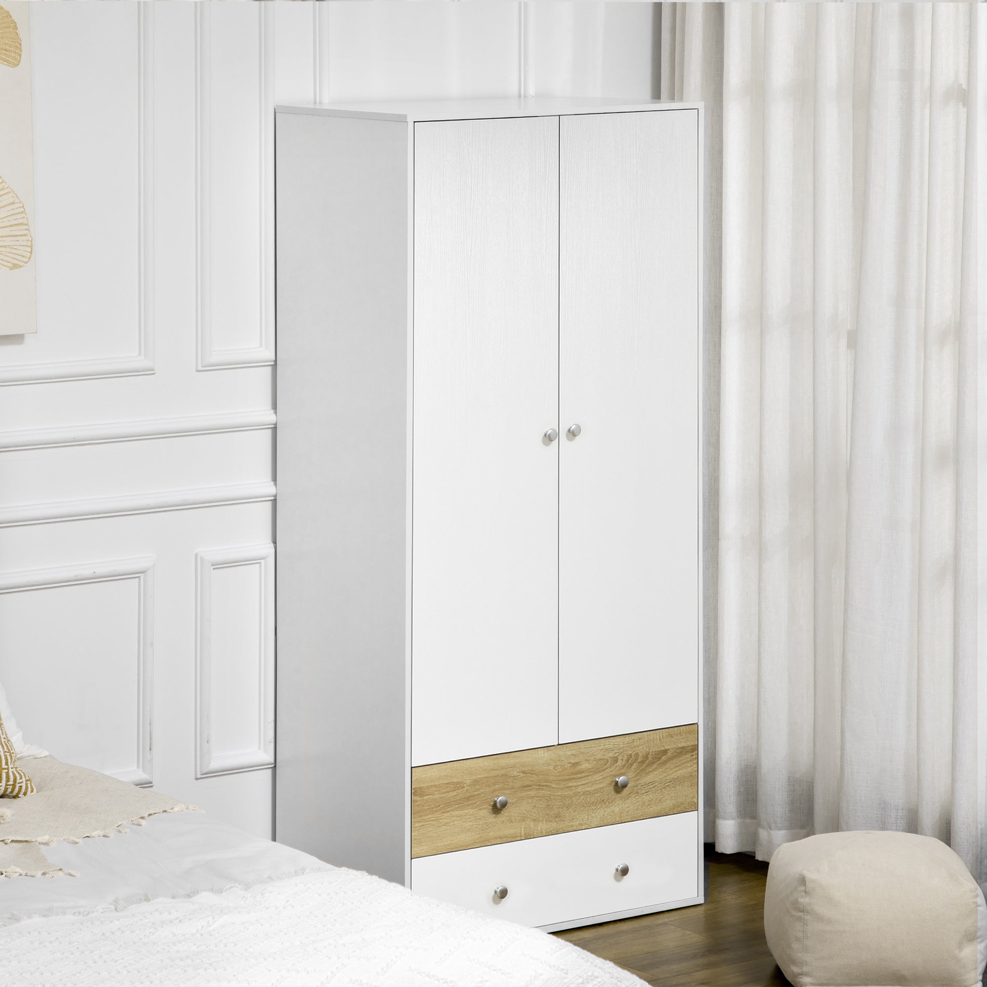 Roupeiro de Madeira com 2 Portas 2 Gavetas 80x50x180 cm - Branco e Carvalho