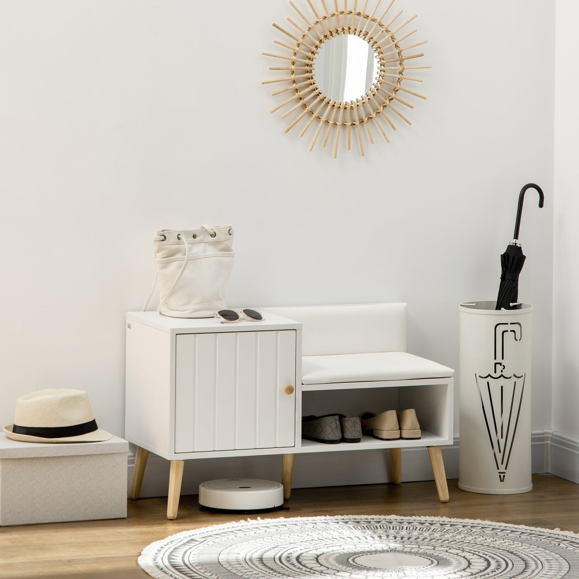 Banco Sapateira com Compartimento Aberto e Almofada Acolchoada - 80x33x49 cm - Branco