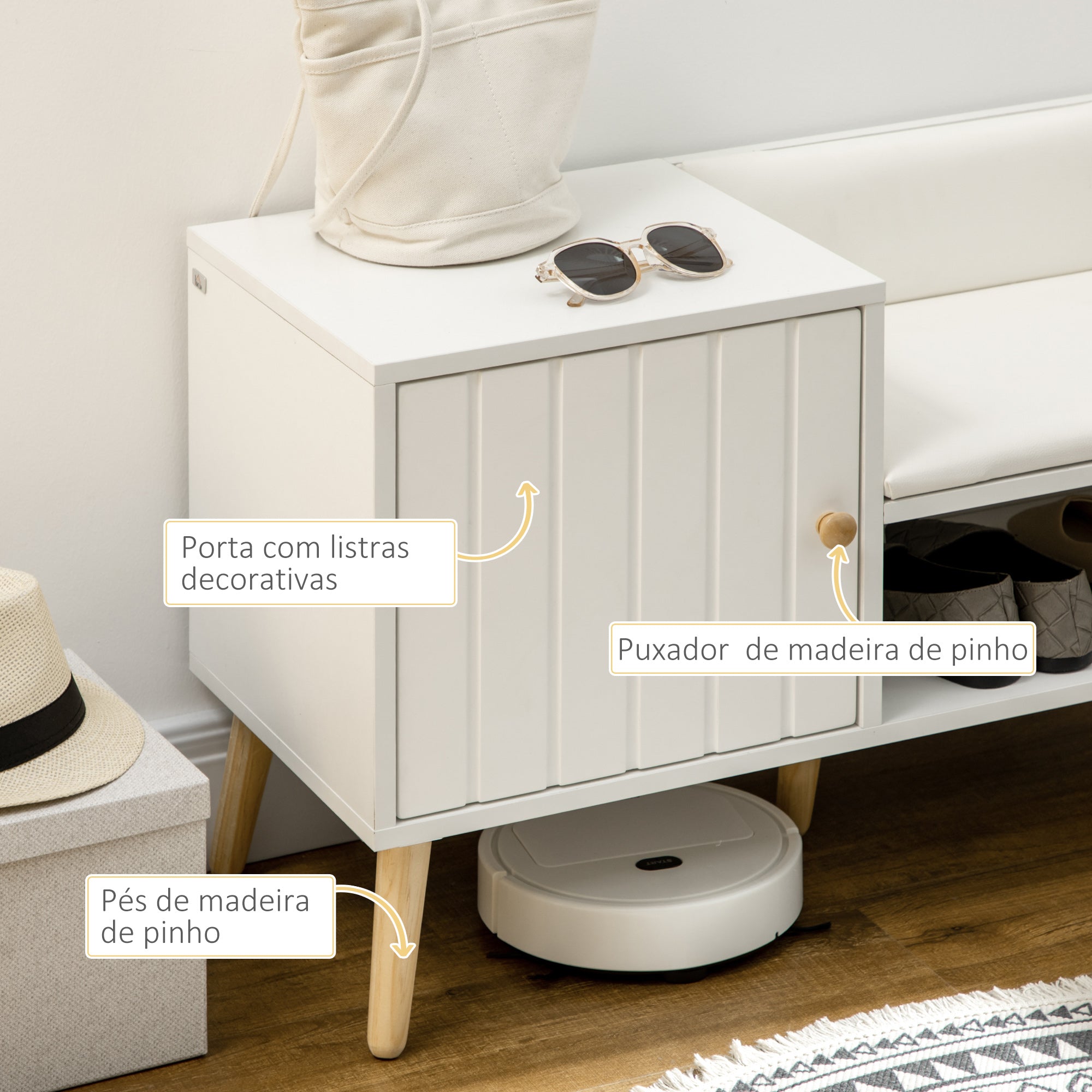 Banco Sapateira com Compartimento Aberto e Almofada Acolchoada - 80x33x49 cm - Branco
