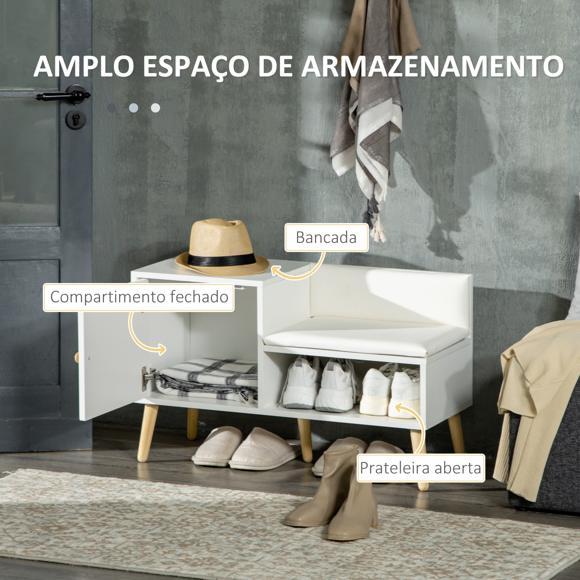 Banco Sapateira com Compartimento Aberto e Almofada Acolchoada - 80x33x49 cm - Branco