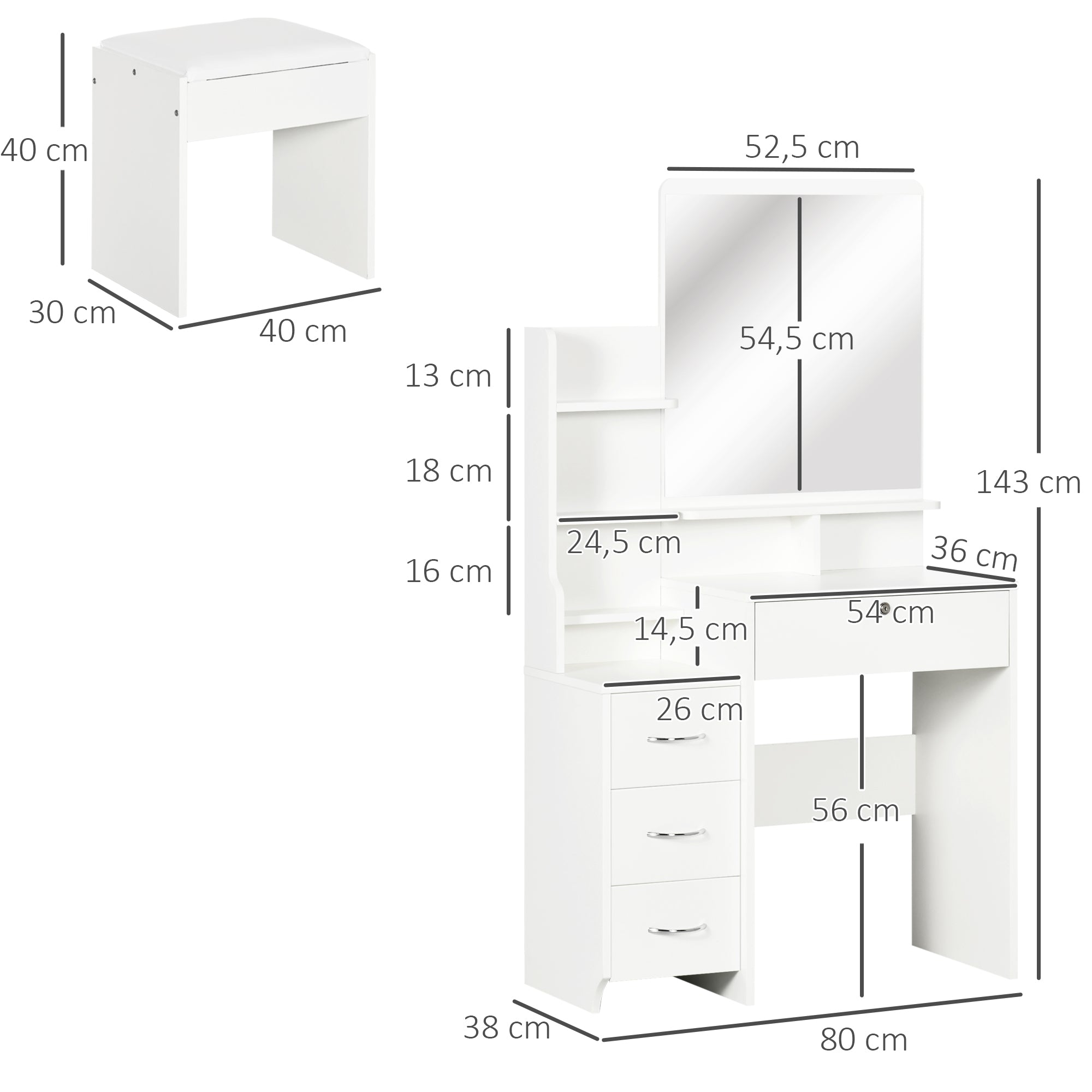 Toucador de Maquilhagem 80x38x143cm Branco