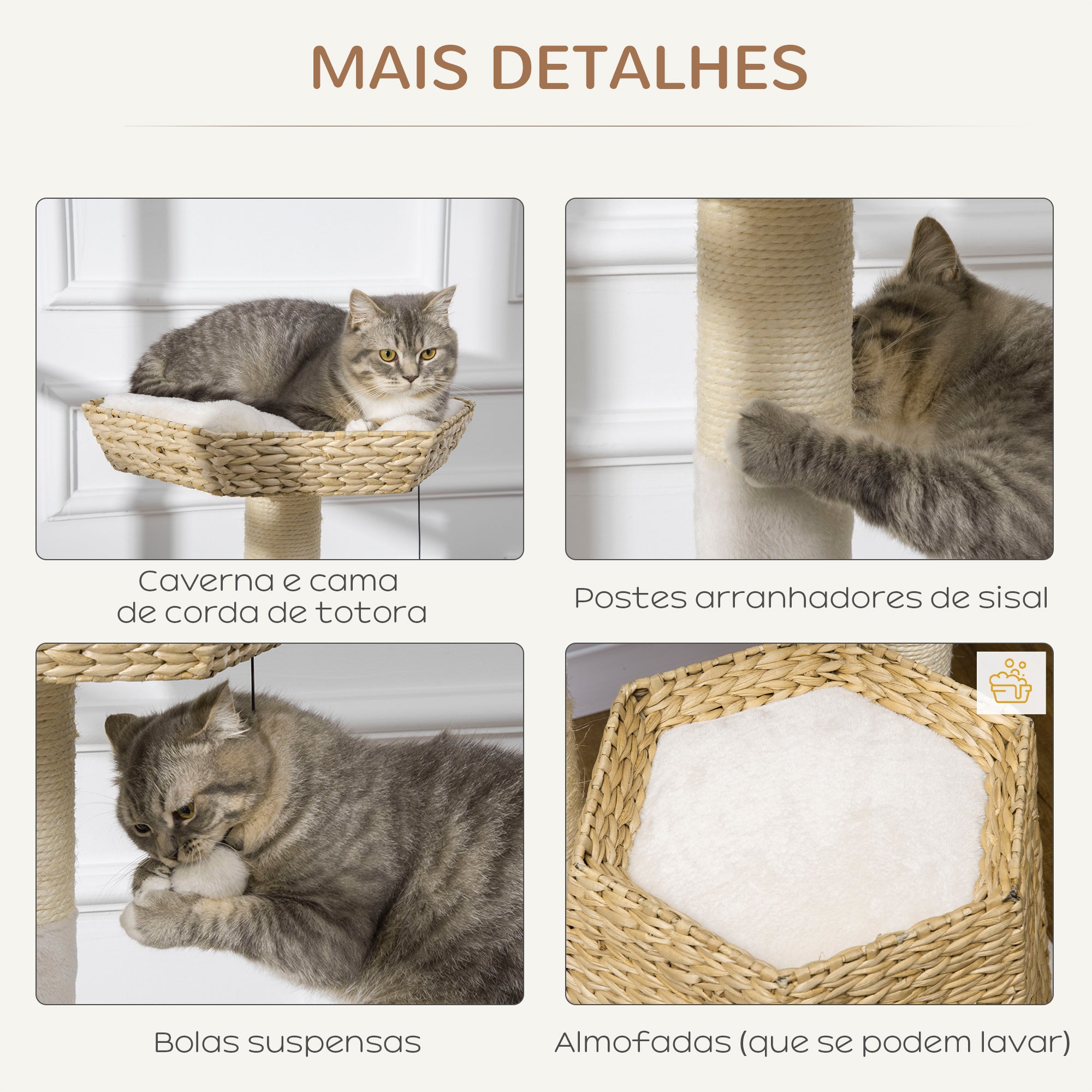Torre Arranhador para Gatos Médios - 50x50x119 cm - Bege e Creme
