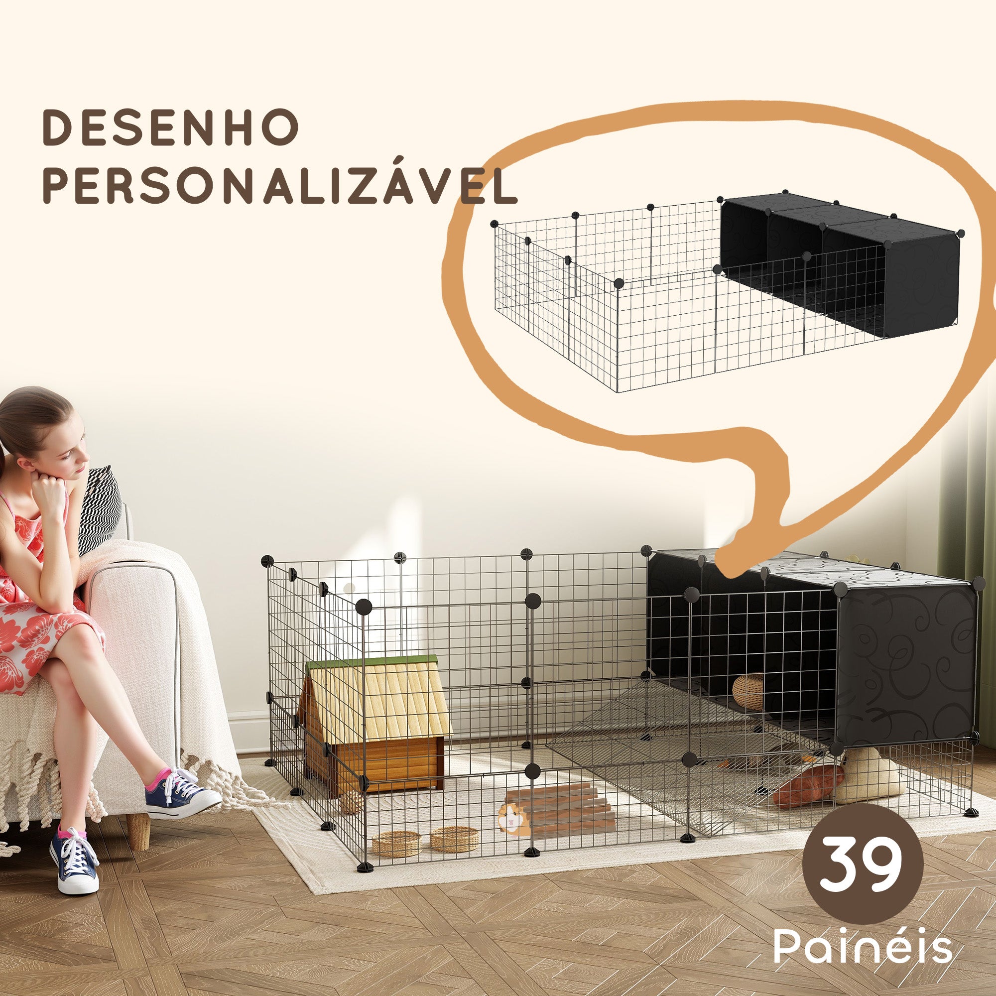 Recinto Modular para Pequenos Animais - 140x105x52 cm - Cor Preto