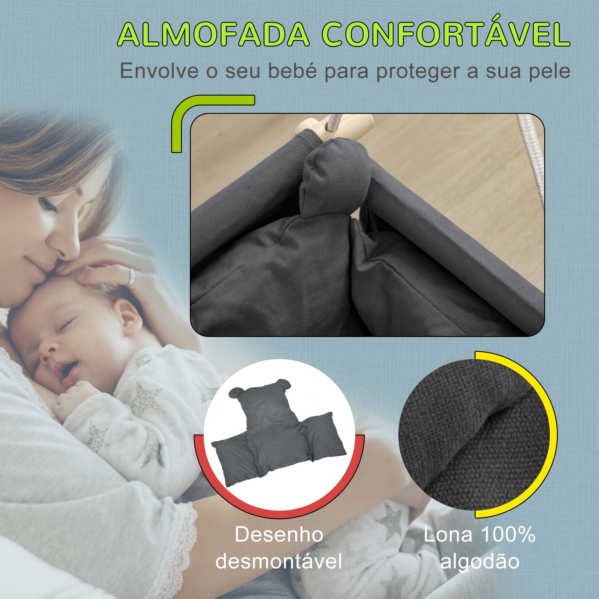 Baloiço para Bebés 40x40x110-180 cm Cinza Escuro e Madeira Natural