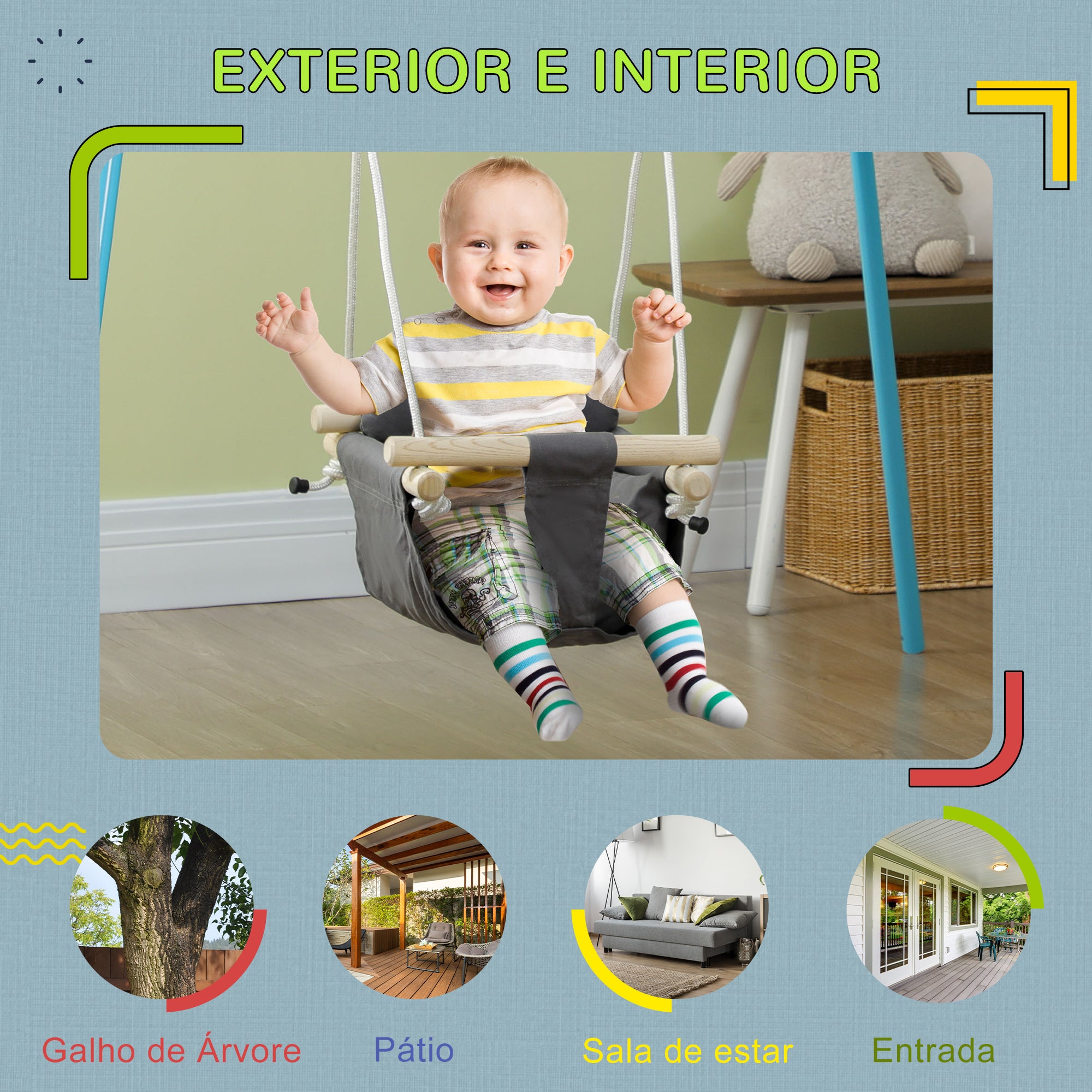 Baloiço para Bebés 40x40x110-180 cm Cinza Escuro e Madeira Natural