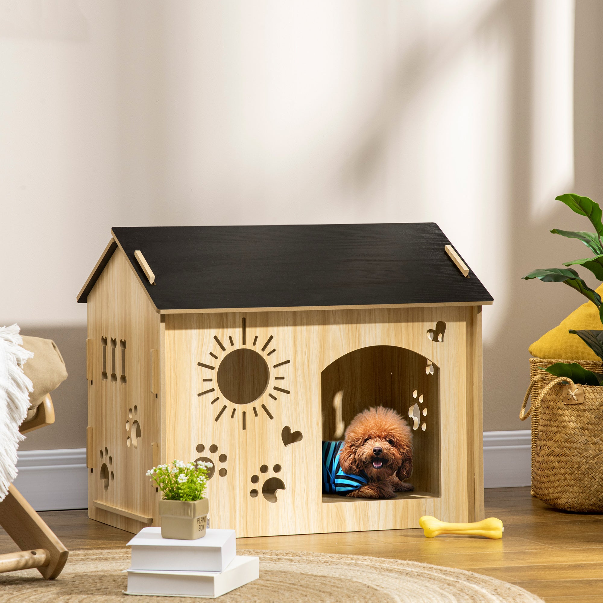 Casa de Madeira para Cães Pequenos – 69x50x58,5 cm – Preto – MDF