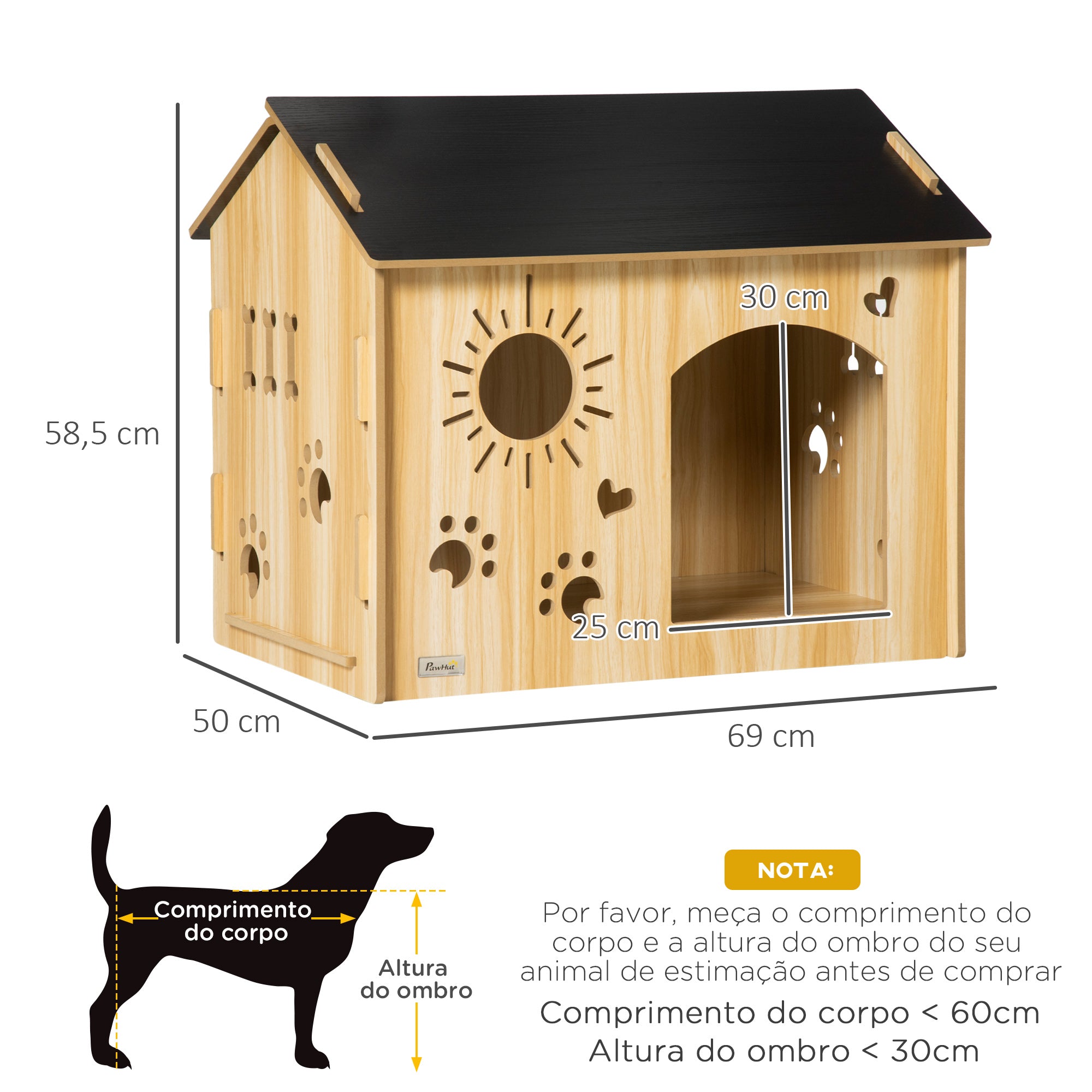 Casa de Madeira para Cães Pequenos – 69x50x58,5 cm – Preto – MDF