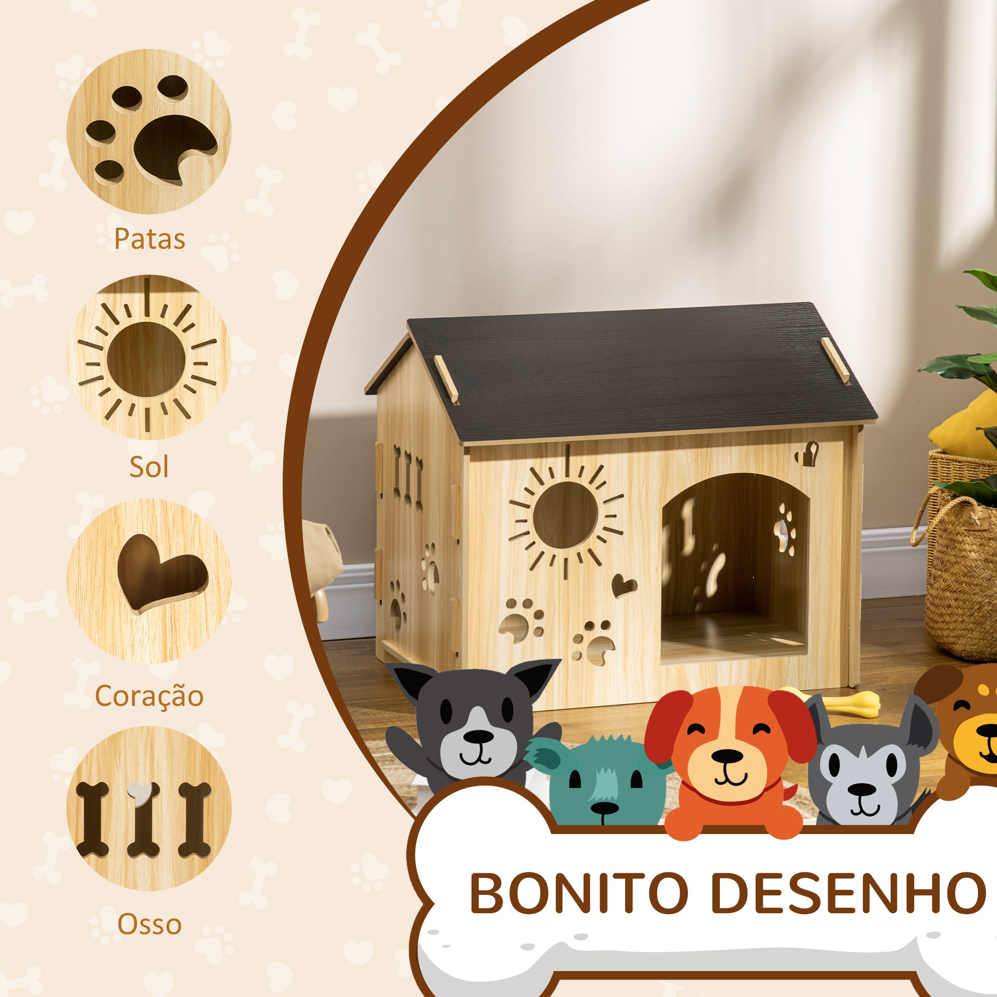 Casa de Madeira para Cães Pequenos – 69x50x58,5 cm – Preto – MDF