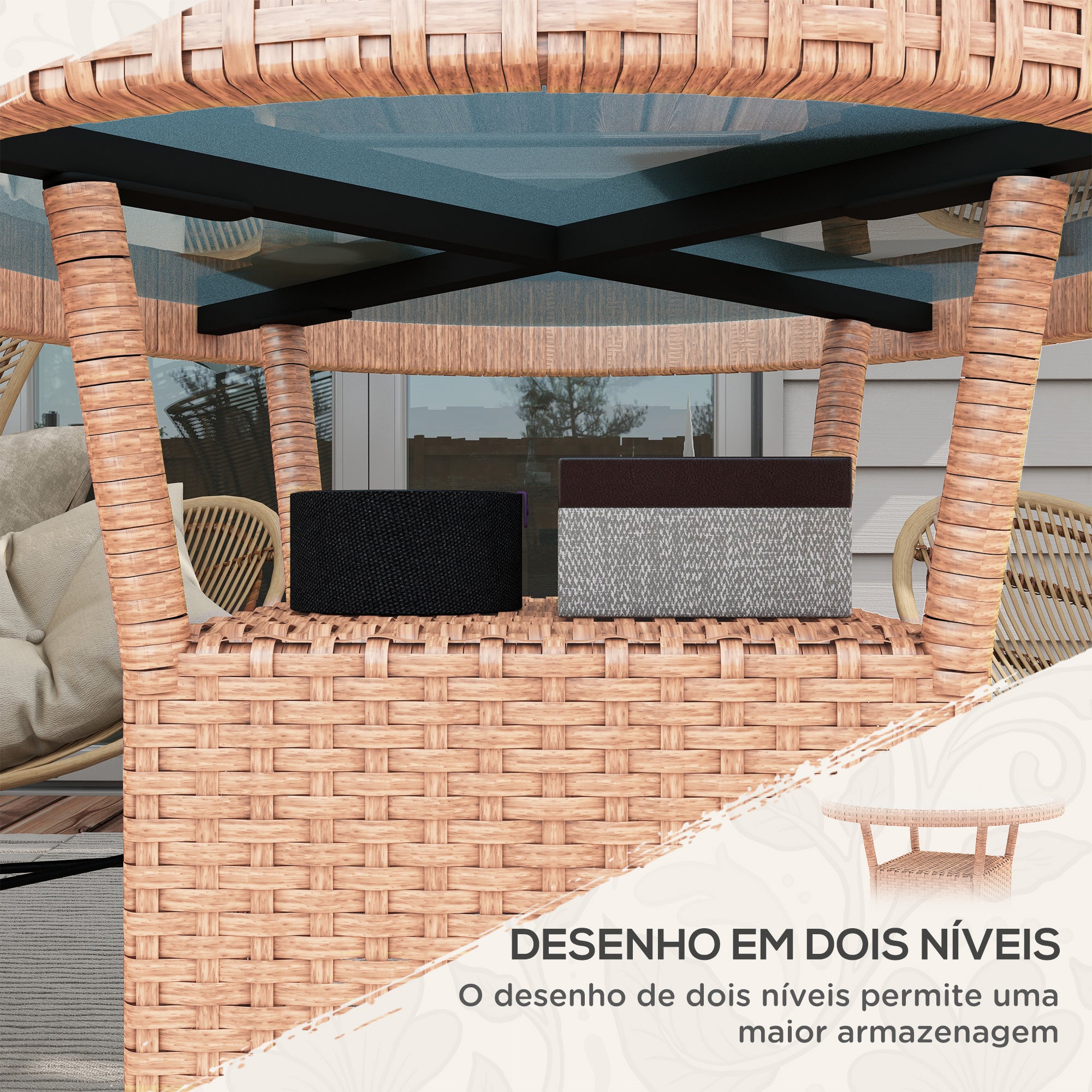 Mesa de Jardim Redonda Ø80x75 cm – Cor de Madeira Natural – Vime PE e Vidro Temperado