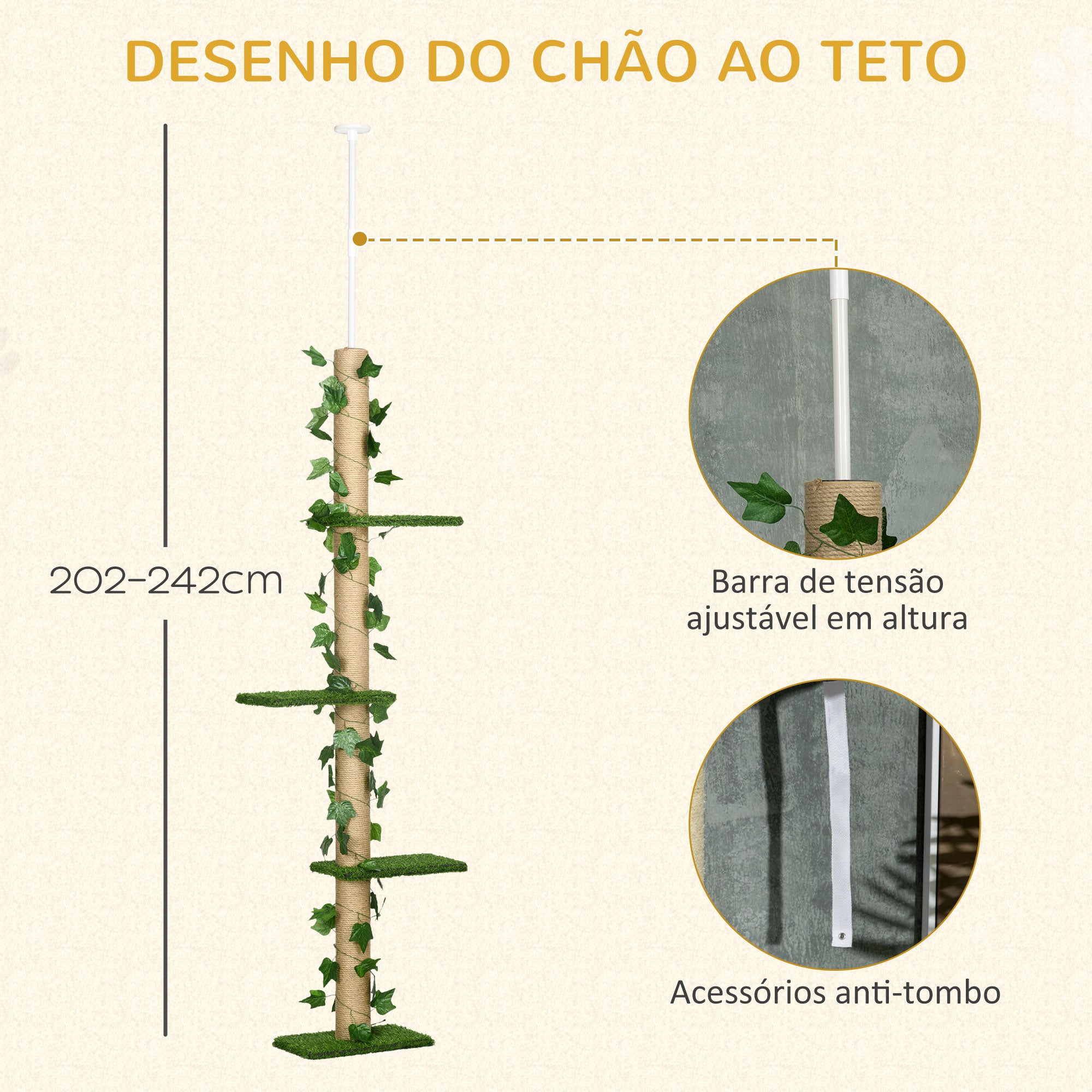 Arranhador para Gatos Chão ao Teto 37x21x242 cm Bege e Verde