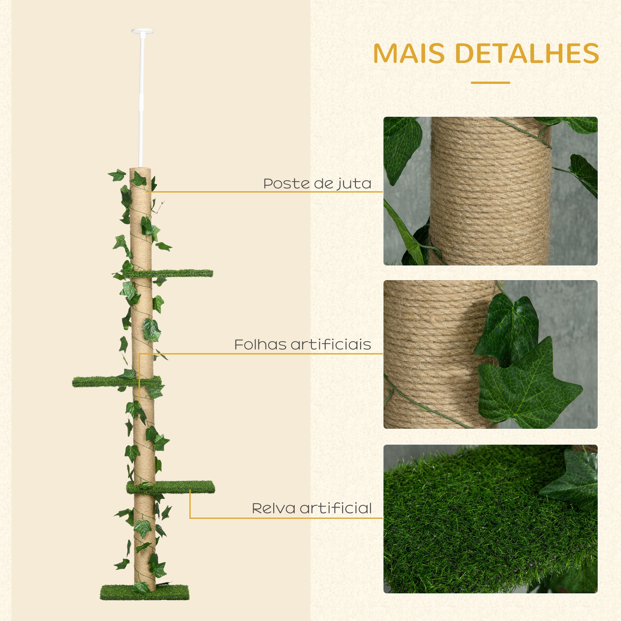 Arranhador para Gatos Chão ao Teto 37x21x242 cm Bege e Verde