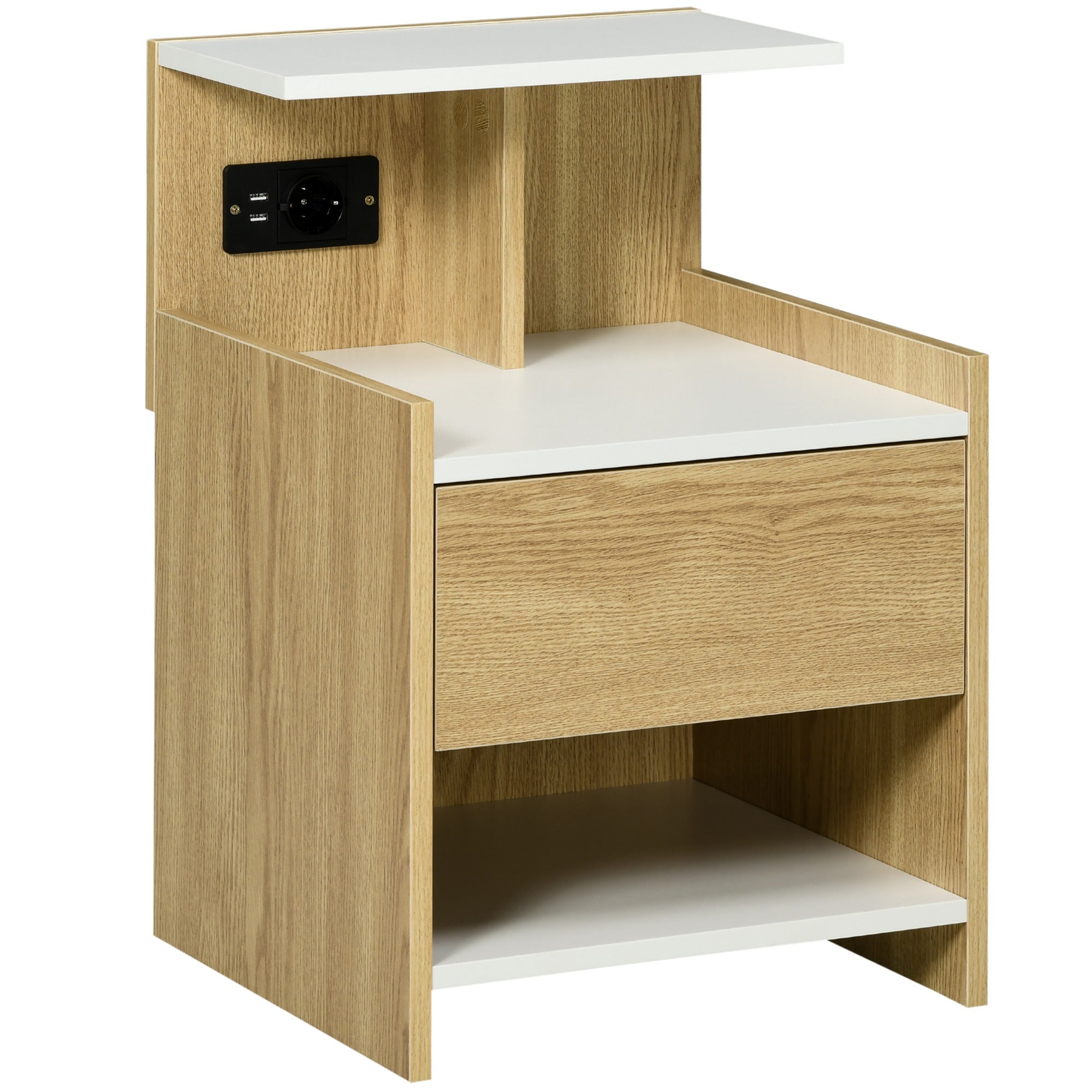Mesa de Cabeceira Moderna com Entrada USB e Tomada Elétrica - 40x40x60 cm - Cor de Madeira Natural