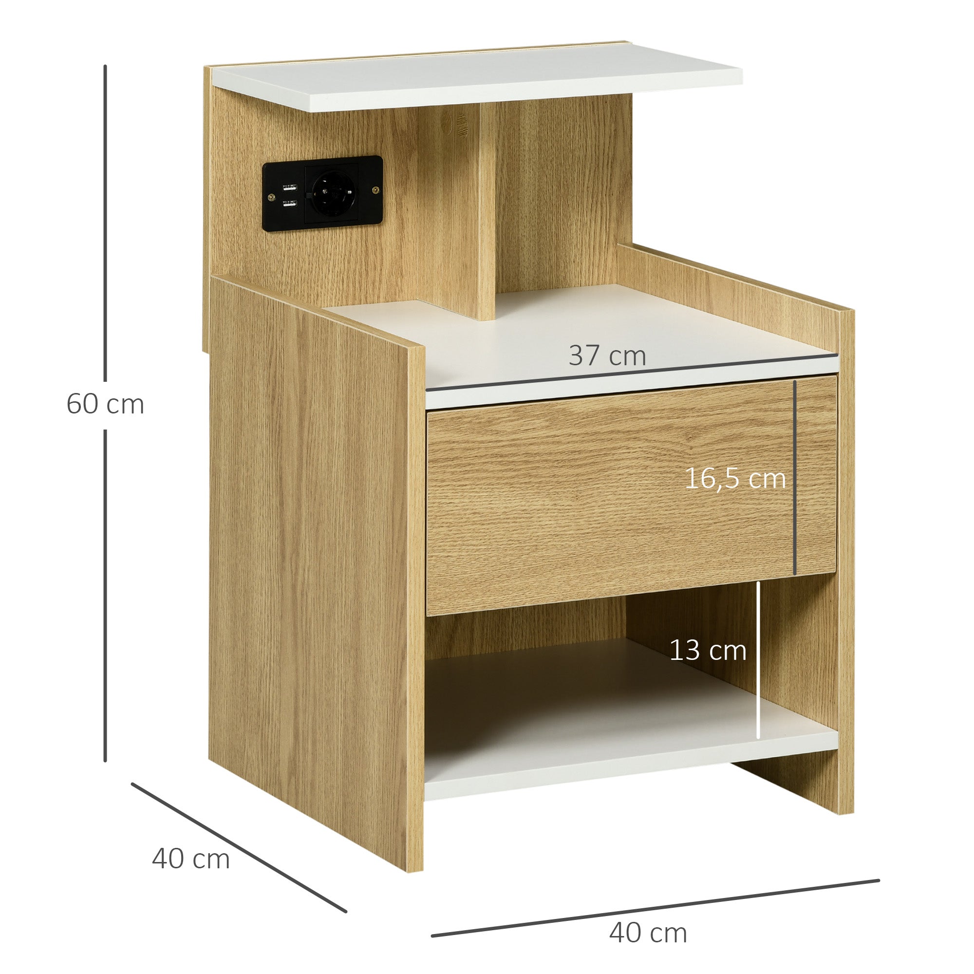 Mesa de Cabeceira Moderna com Entrada USB e Tomada Elétrica - 40x40x60 cm - Cor de Madeira Natural